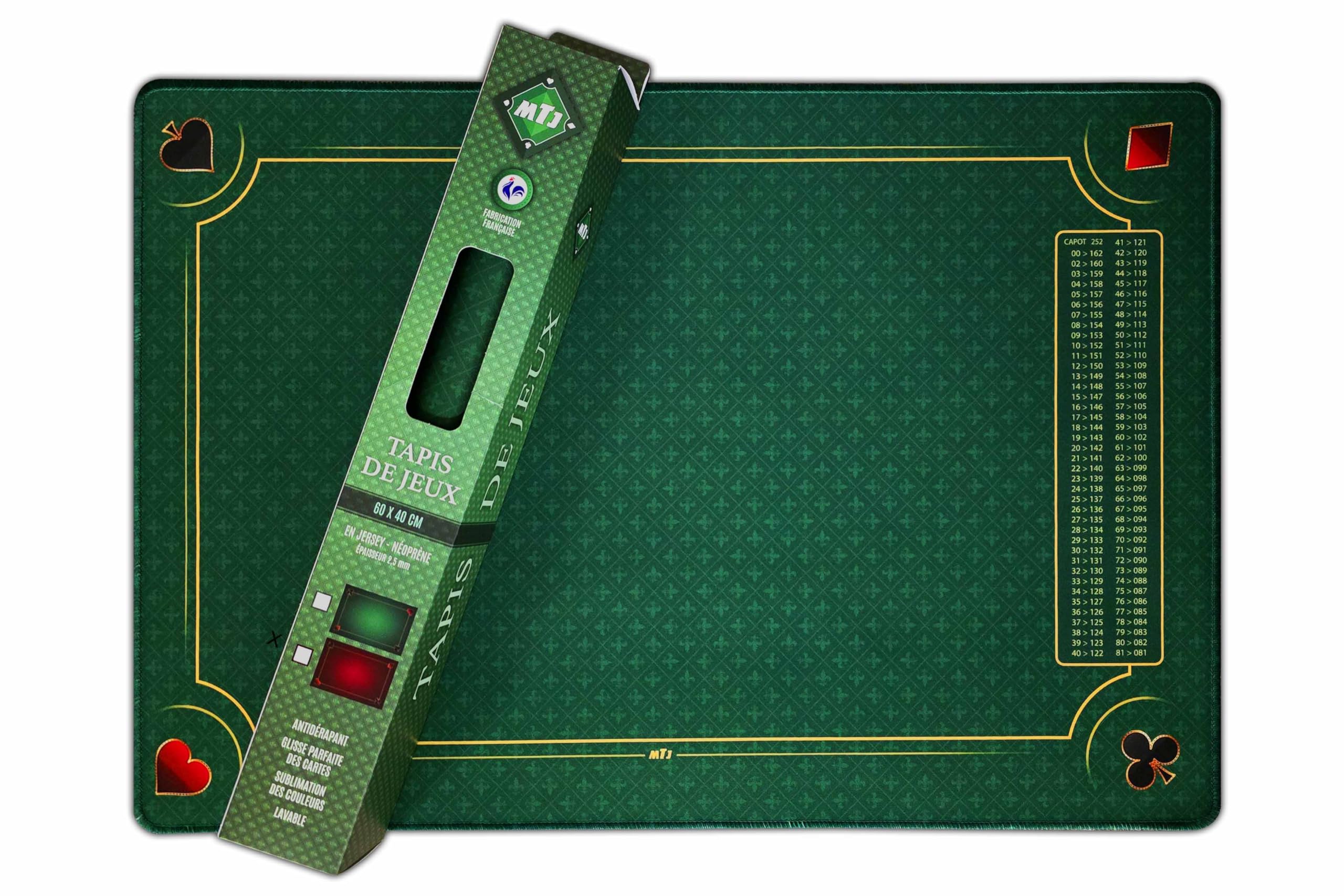 MTJ - Tapis Belote de Luxe Galonné - 60x40 cm - Matière Jersey Néoprène - Fabrication Française (Vert)