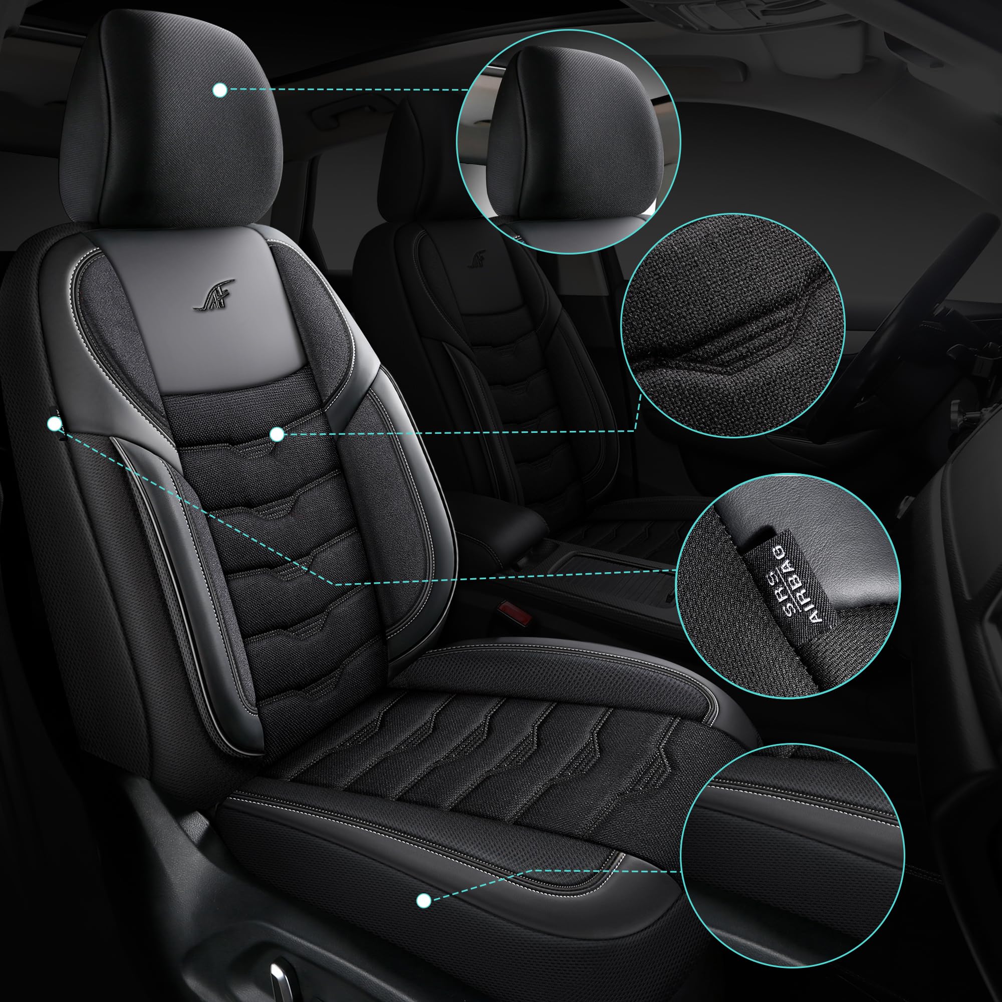 Housses de siège auto compatibles avec Renault Scenic 4 2016 | Jeu complet | Série AID | AID104 | Noir avec coutures noires