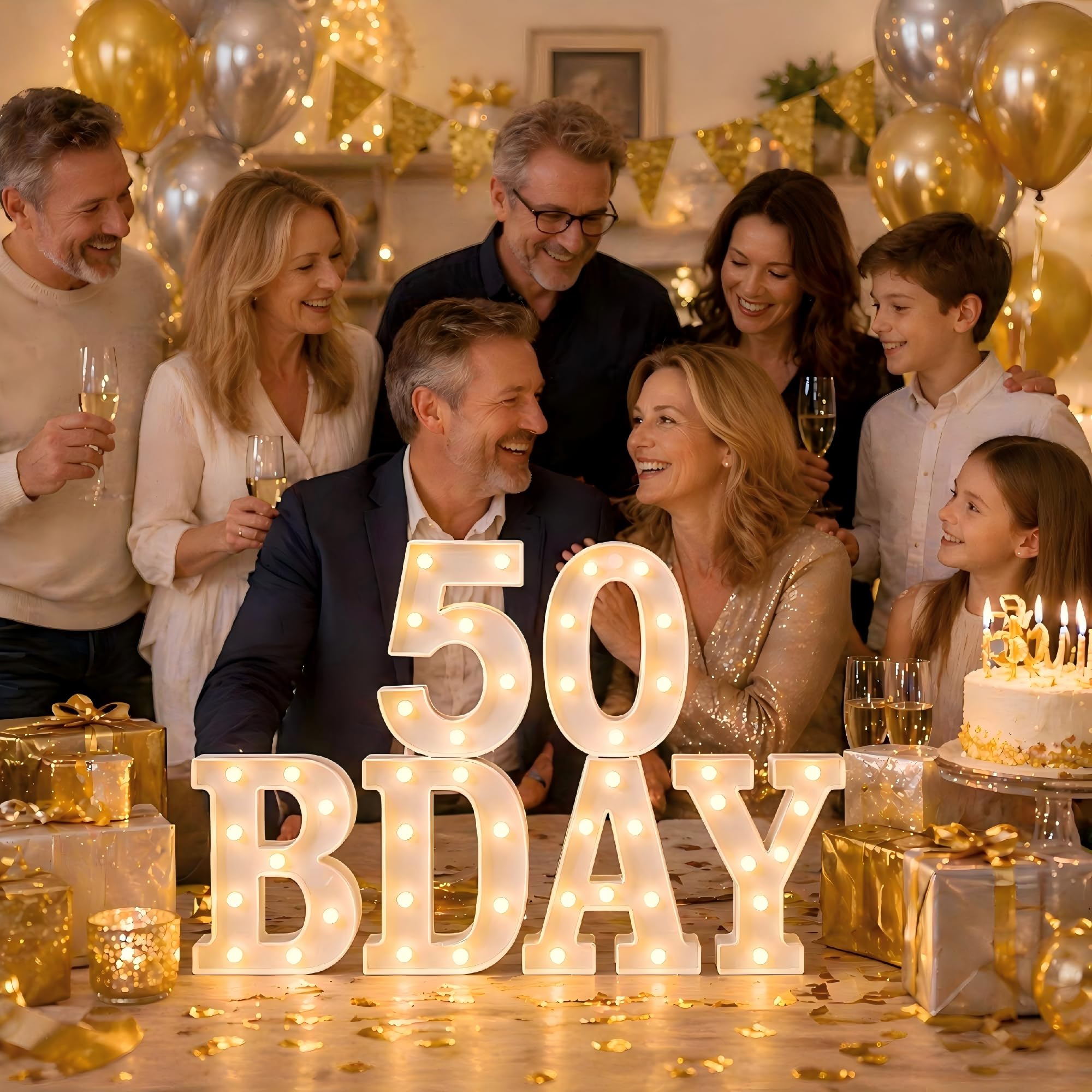 Dekoration zum 50. Geburtstag für Damen und Herren, 6 lange LED-Lampen, Leuchtbuchstaben "50 BDAY" für Partydekoration