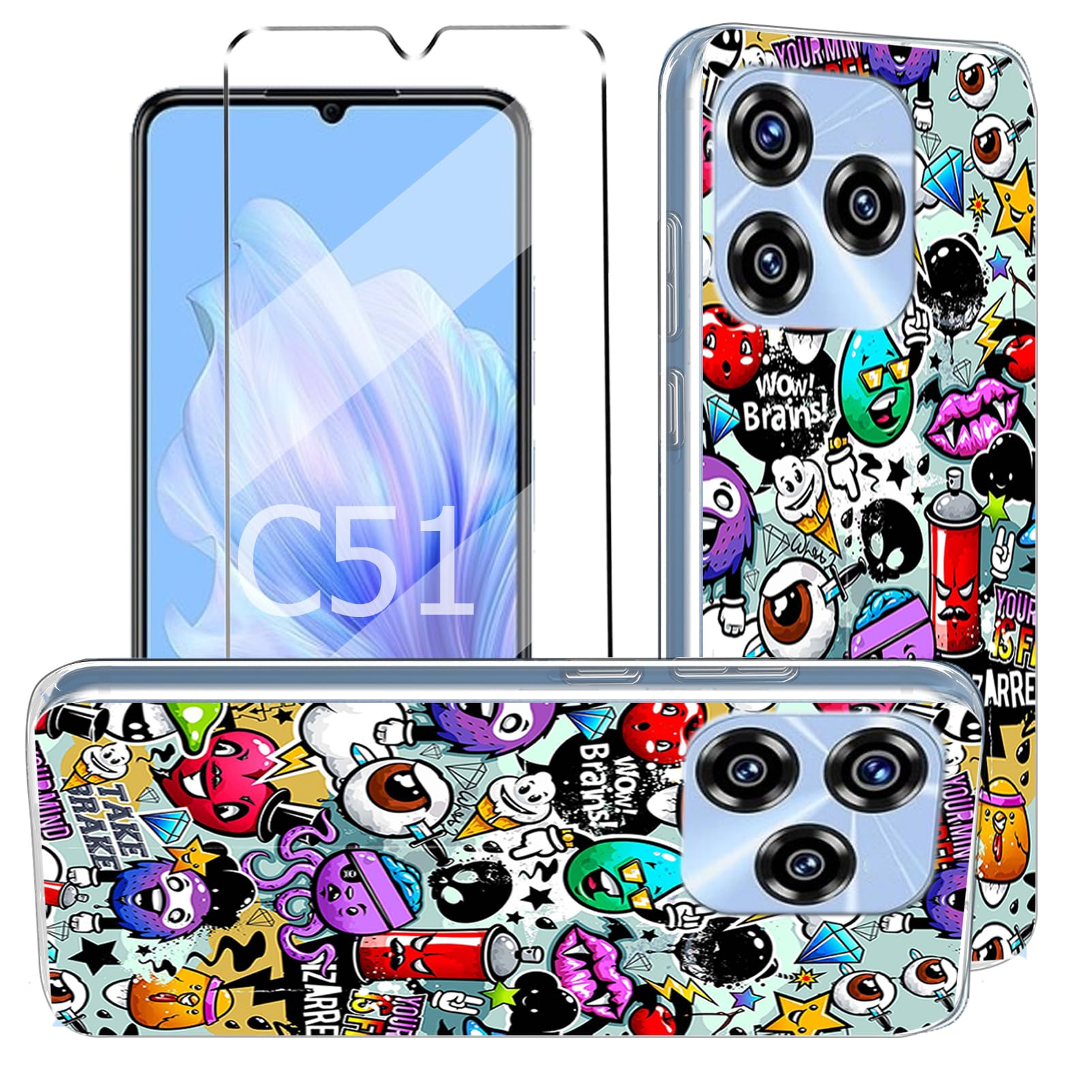 HuiYouMY 2-in-1 Case Compatible with OUKITEL C51 Cover with 1 Pack Tempered Glass Screen Protector for OUKITEL C51