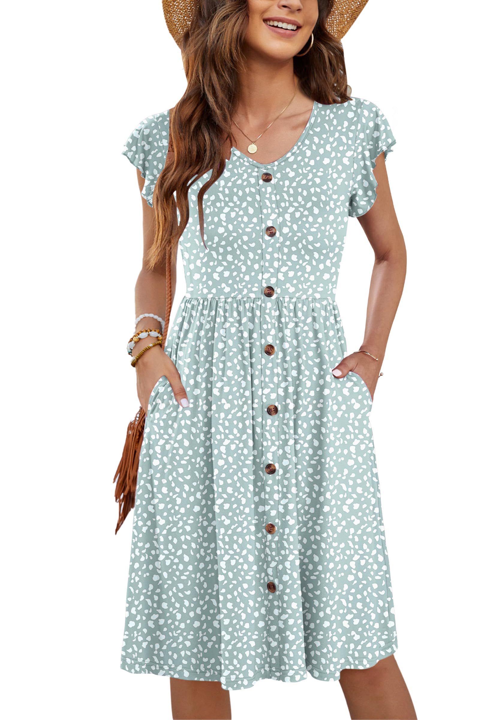 MOLERANI Women Summer Workwear Dresses Ruffle Sleeve V Neck Casual Swing Elastic Waist Midi Dress with Pockets Green Spot XL