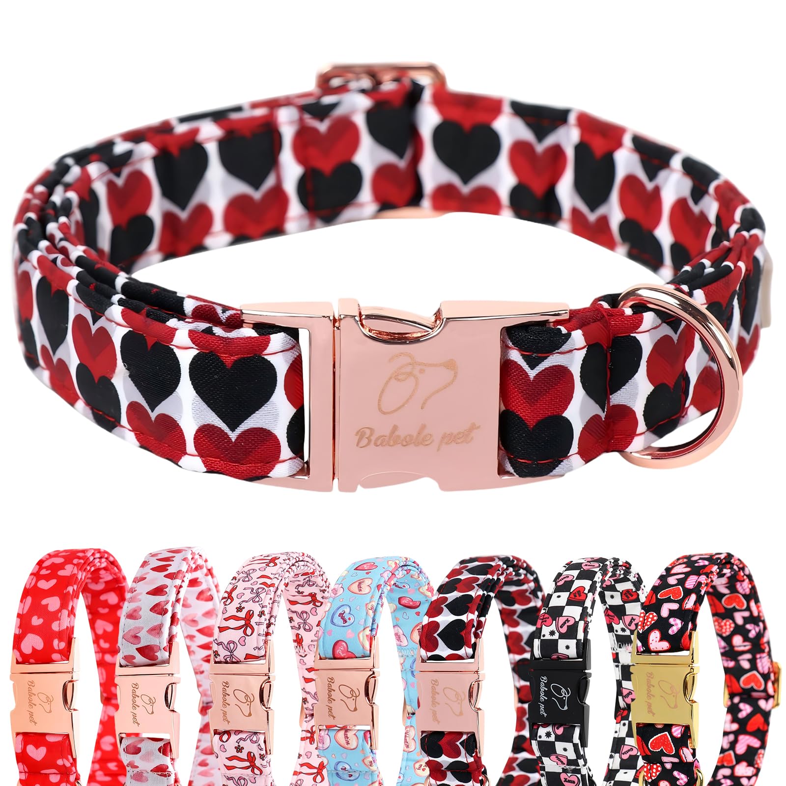 Babole Pet Valentines Dog Collar, Red Black Heart Valentine Pet Collar with Metal Buckel, Durable Adjustable Holiday Dog Collars for Small Medium