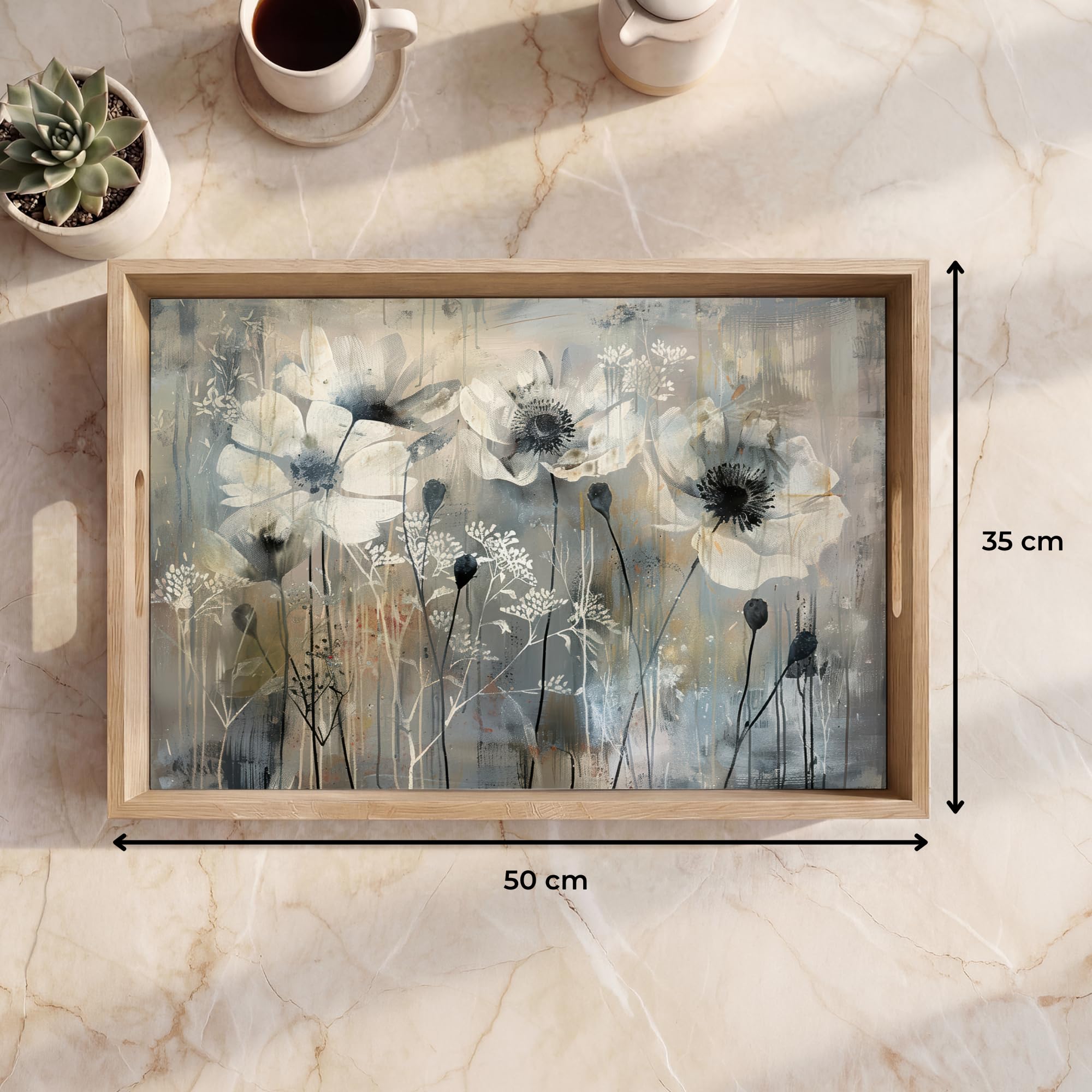 Tablett Rechteckig 50x35 cm Serviertablett rutschfest Griff Küchentablett Servierplatte Eiche Holztablett Henkel Hitzebeständig Blumen - Pflanzen - Grau - Abstrakt