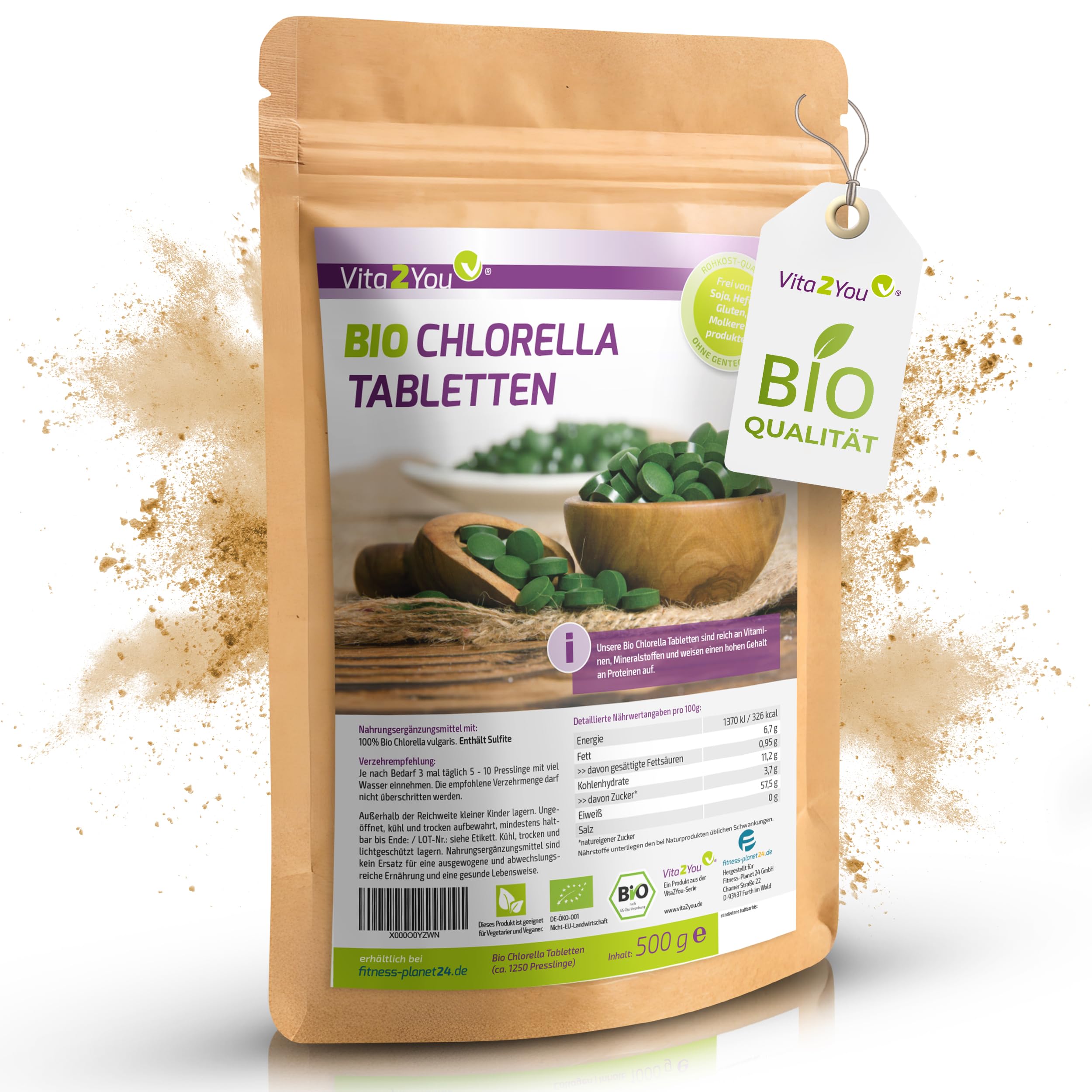 Vita2You Bio Chlorella Tabletten | 400mg pro Tablette | 1250 Presslinge | 500g Algen aus Ökologischen Anbau | Rohkost im Zippbeutel
