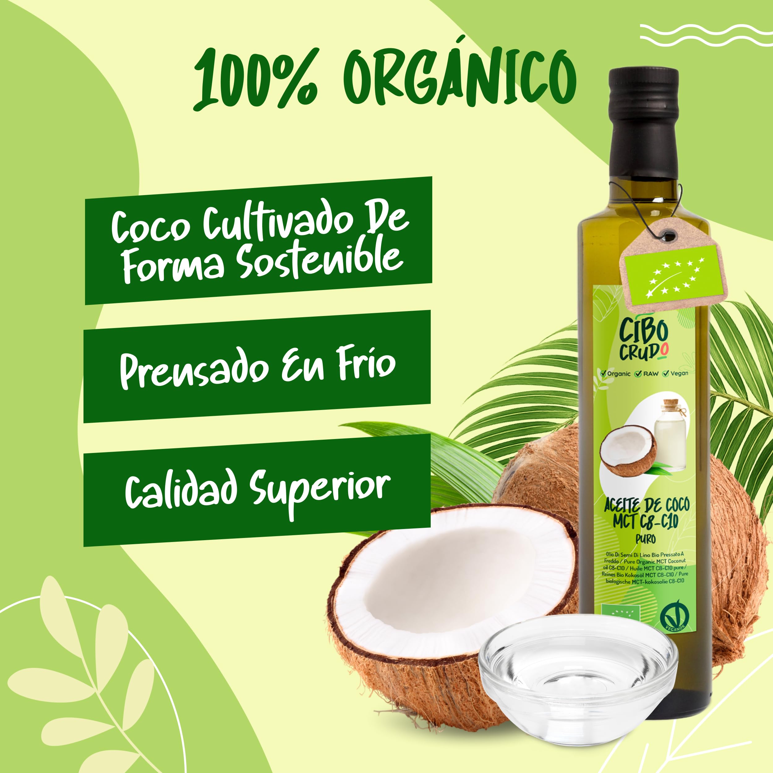 Aceite MCT C8 C10 de Coco Orgánico Prensado en Frío 500ml - 60% C8 40% C10 Virgen Natural Puro