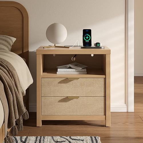 Furnulem Nightstand with Charging Station, Accent Night Stand with 2