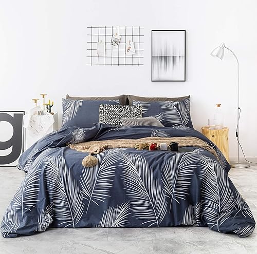 YuHeGuoJi Juego de funda de edredón de palmera botánica tamaño Queen, 100% algodón, color azul marino, 3 piezas, 1 funda de edredón con estampado de