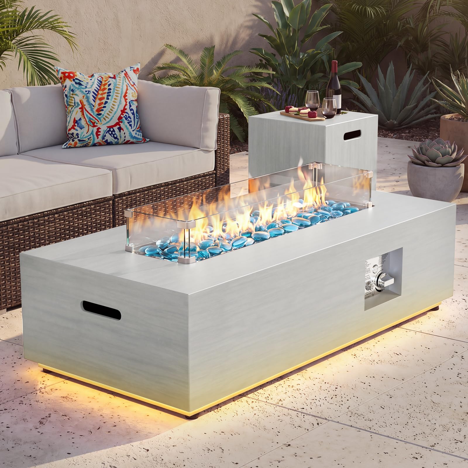 42" Rectangular Outdoor Propane Fire Pit Table with LED for Outside Patio
