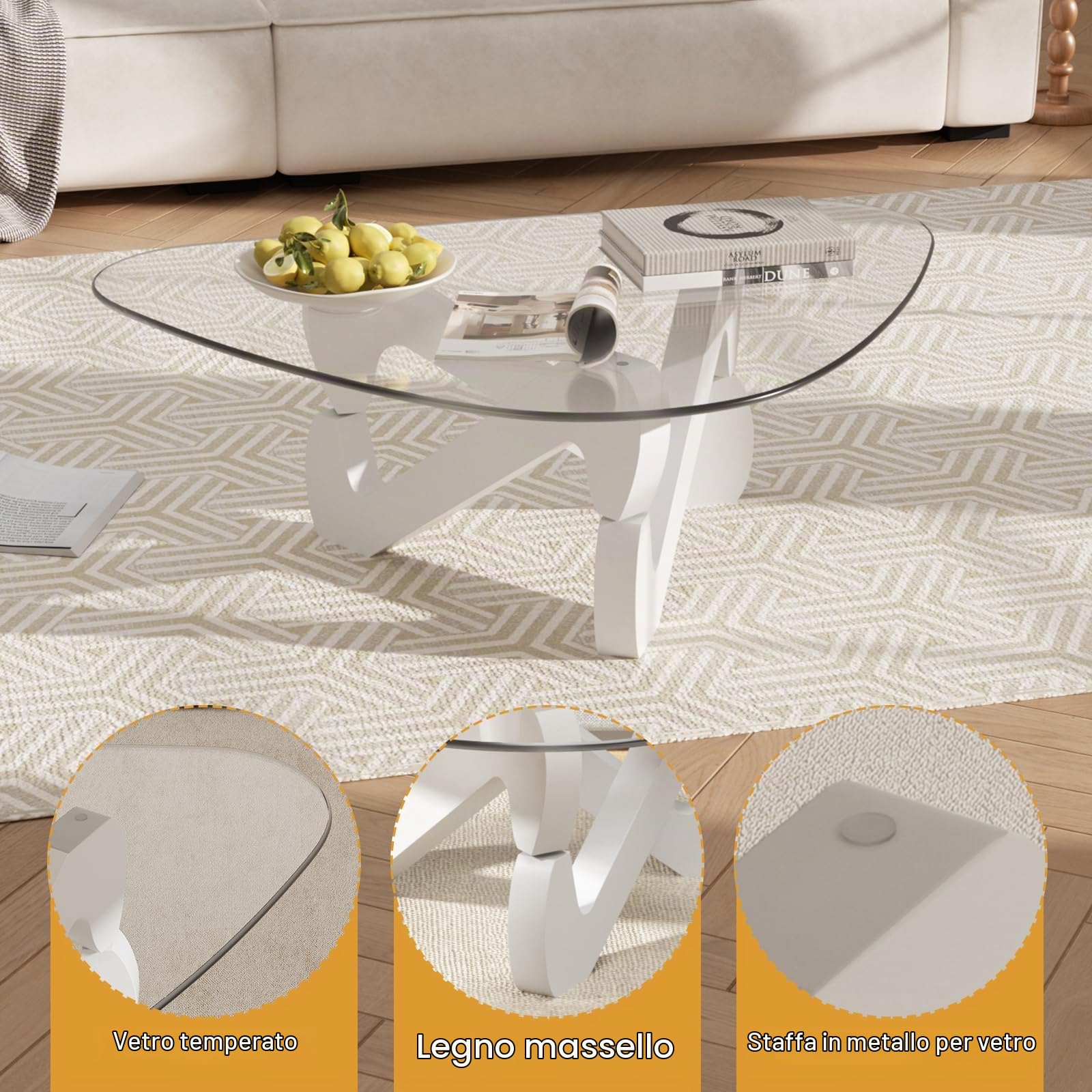 Tavolino da centro in vetro triangolare, tavolino moderno con base triangolare in legno massiccio e vetro temperato spesso, tavolino ausiliare, tavolino elegante per soggiorno ufficio, 82 x 57 x