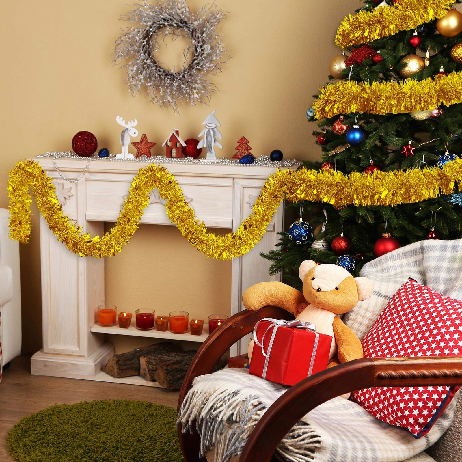 WILLBOND 50 Feet Guirnalda de Oropel de Navidad Guirnalda Metálica Girada de Espumillón Decoraciones para Árbol de Navidad Decoraciones Colgantes de Cumpleaños Boda Año Nuevo 3 Pulgadas (Dorado)