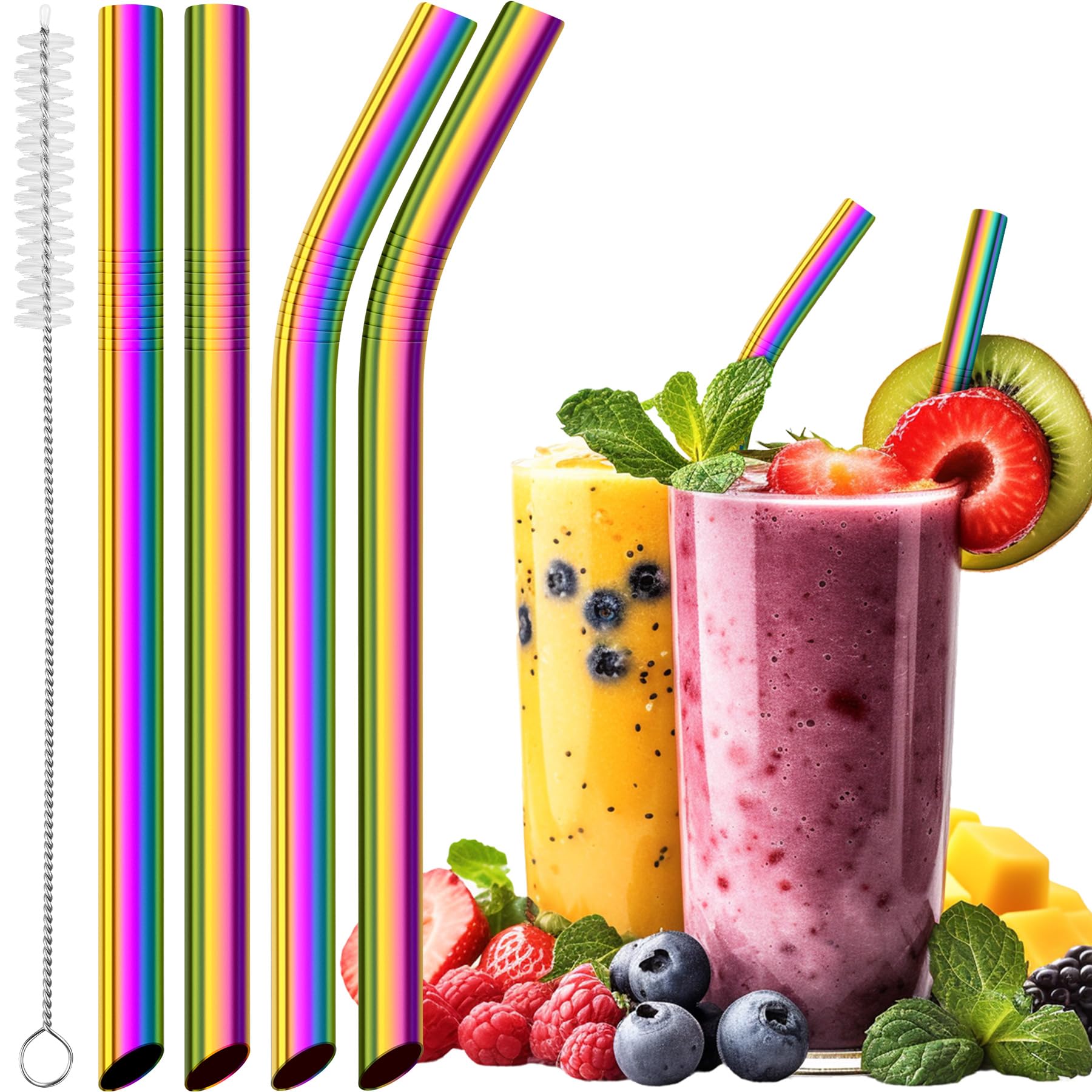 NiHome Extra Wide Reusable Stainless Steel Drinking Straws Straight & Bent 4PCS (Iridescent), 4 PCS