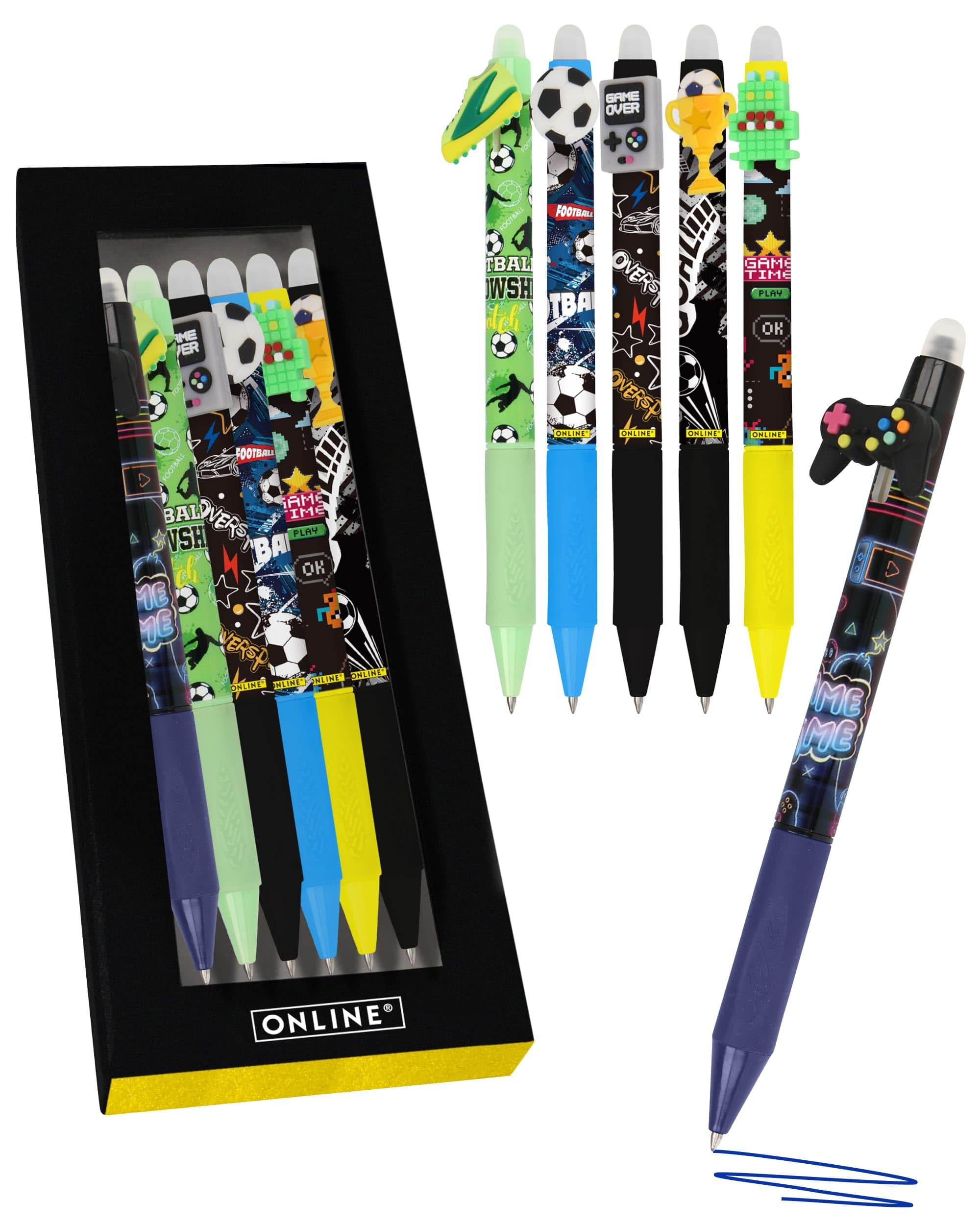 OnlinemagiXX, 6 x Fun Boys Erasable Gel Pens, Blue Erasable with 0.7 mm Line Width, Rollerball Pen for Learning to Write, Office, Compatible with Frixion Refill, Erasable Ballpoint Pen