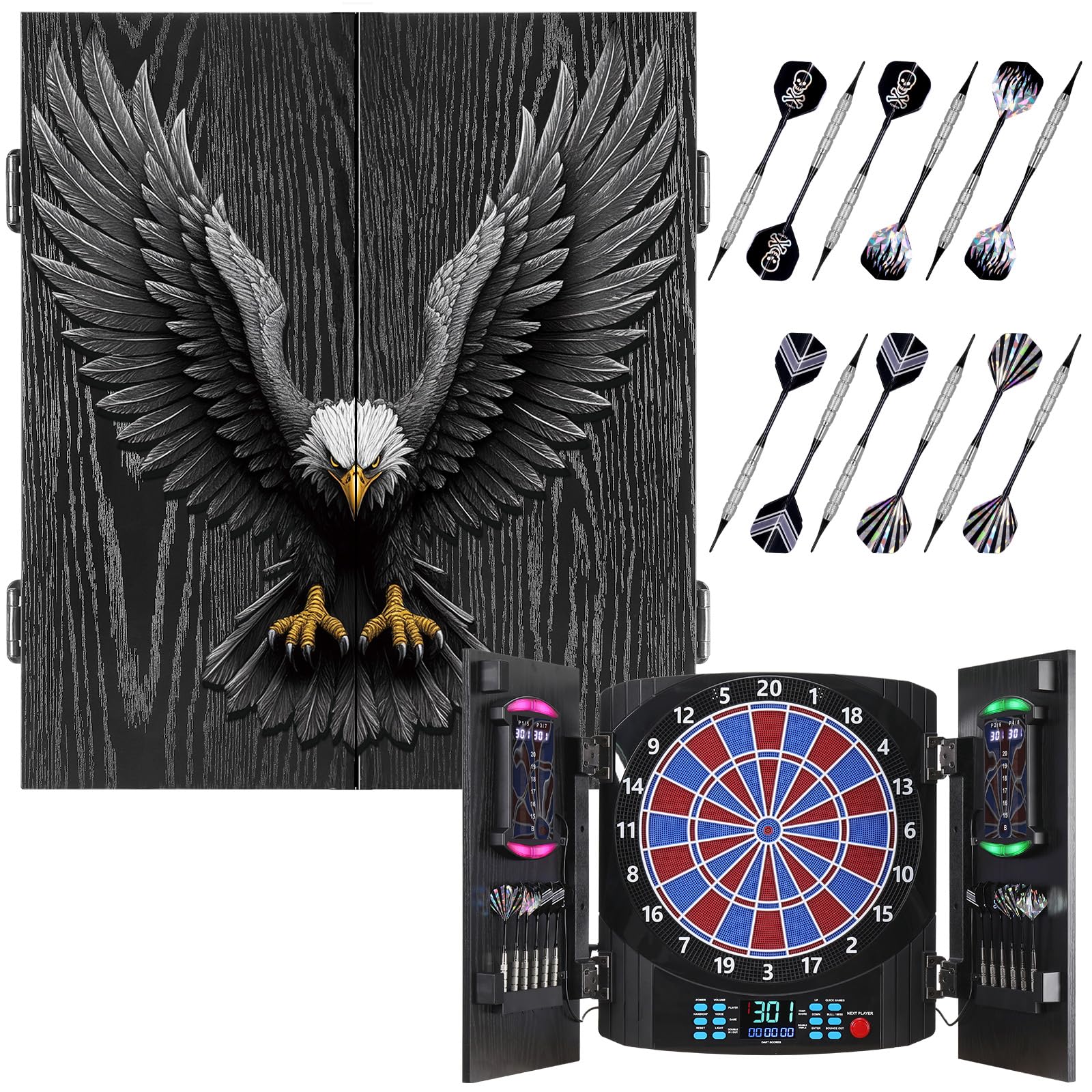 Yirinatek Jeu de Flechette Electronique, [12*Bronze Fléchettes] Cible Flechette Electronique, Armoire à Portes en Bois Rustique, Affichage LED 8 Couleurs, Jeux Flechette - 2