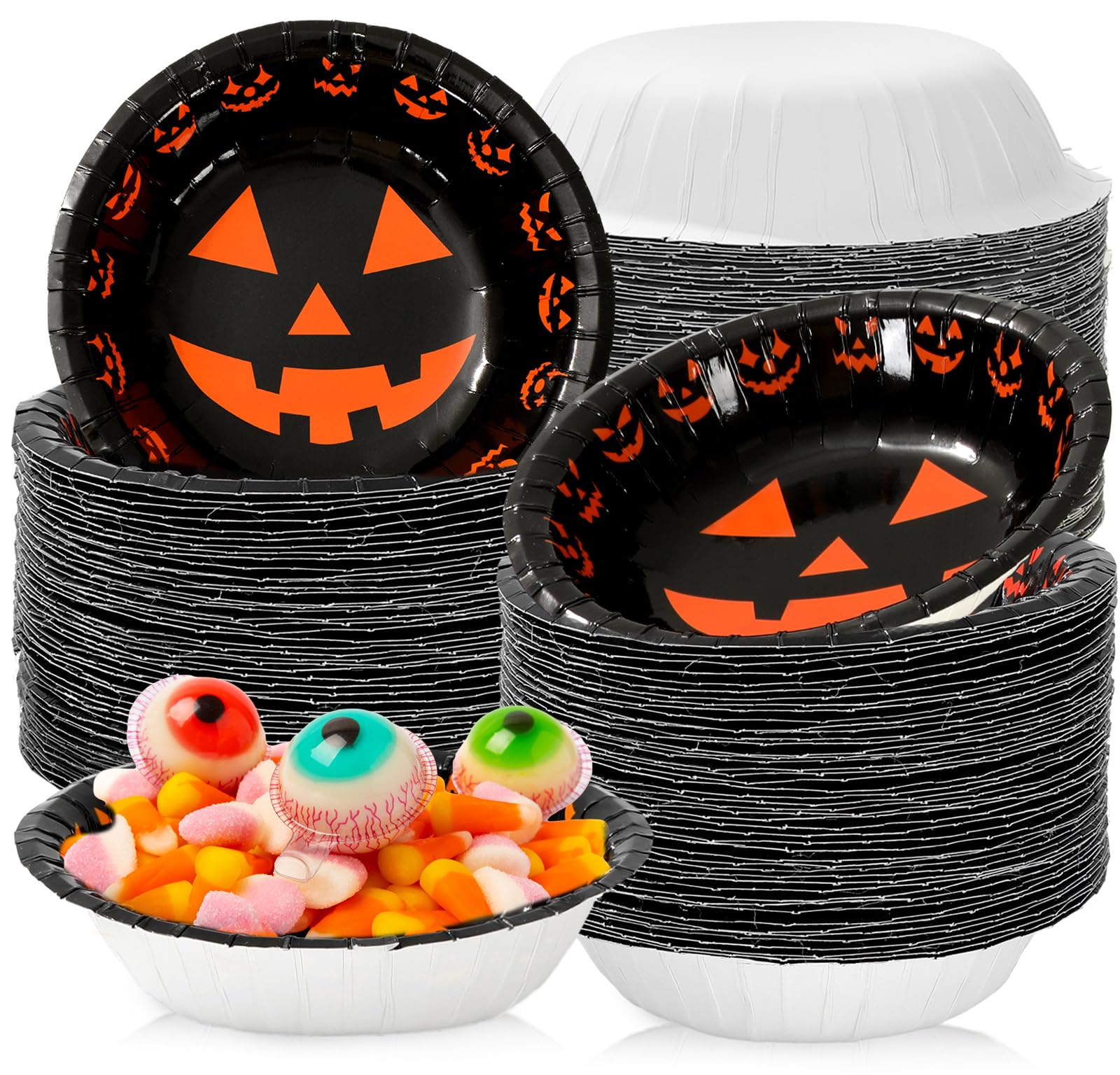 Bols en papier Halloween Whaline jetables orange et noir pour fêter le 31 octobre x100