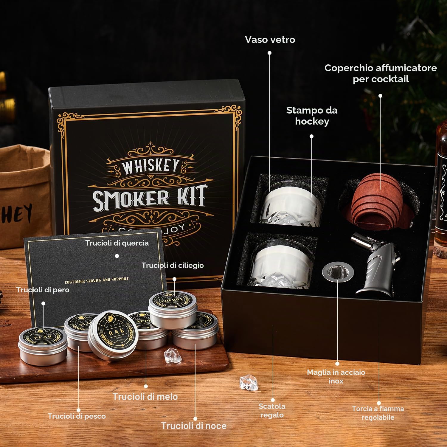 ComboJoy Kit Affumicatore per Whisky Cocktail con Torcia - 6 Aromi Scaglie Legno, 2 Bicchieri, 2 Cubetti Ghiaccio Silicone - Set Whisky Idee Regalo Compleanno Uomo Lui Papà Fidanzato (Senza Butano)