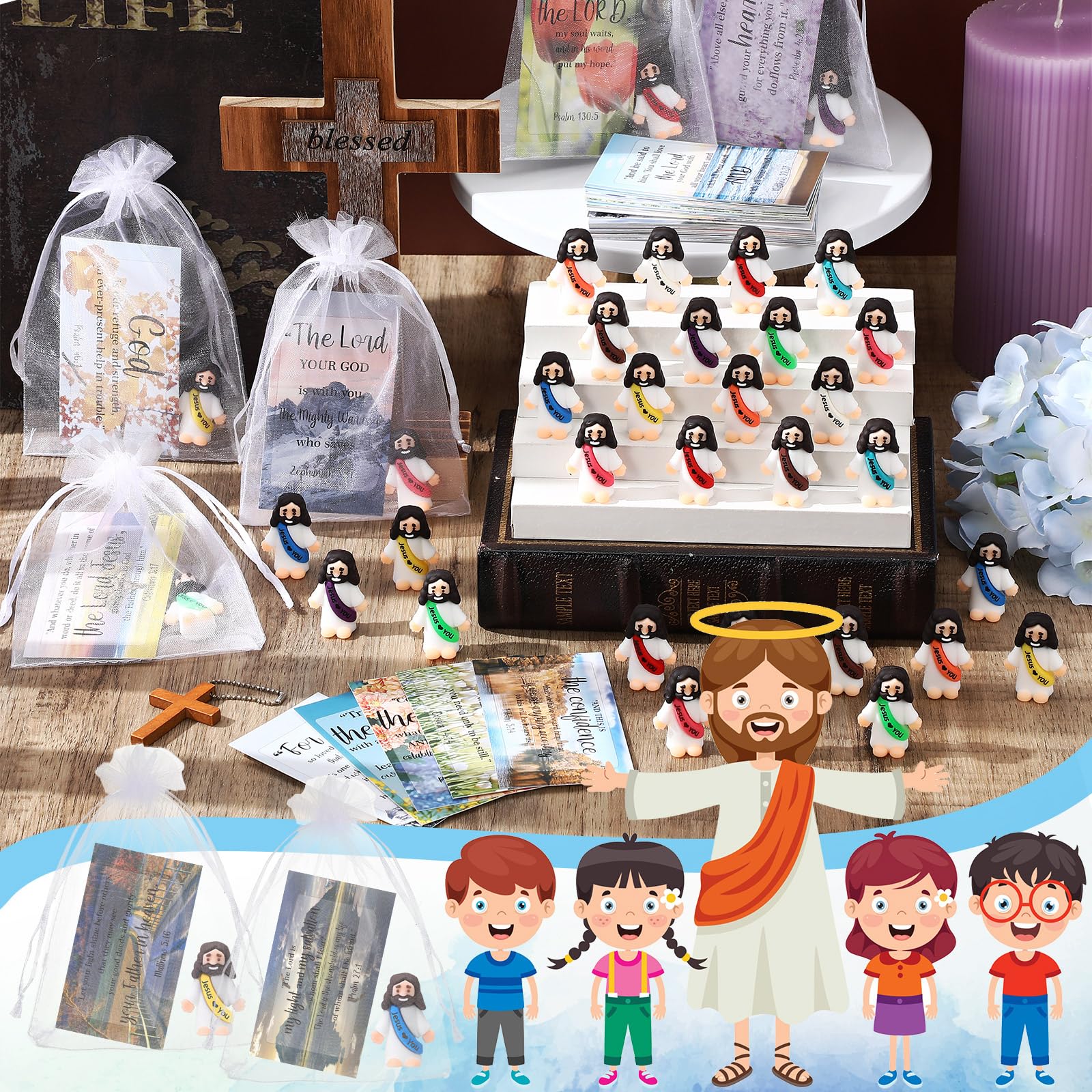 Bememo 50 Sets Christian Gifts Bulk Bible Verse Cards Include Little Jesus Figures Prayer Cards and Organza Bags for Religious Party Favors Sunday Baptism Gifts(Landscape Style,Bright)