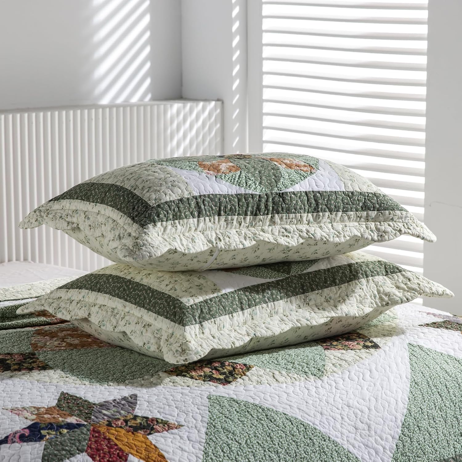 YAYIDAY Quilts Queen Size Patchwork Bedspread Set - 100% Cotton Reversible Breathable Green Earth Geometric Quilted Quilt with Pillow Shams for All Seasons - Image 6