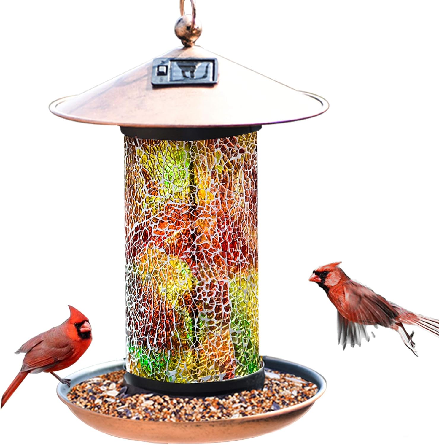 Solar Bird-Feeder for Outside Hanging - Large Solar Powered Garden Lantern Light Bird-House Wild Hanging Birdfeeder Waterproof Unique Retro Mosaic Copper Unique Garden Bird Gifts