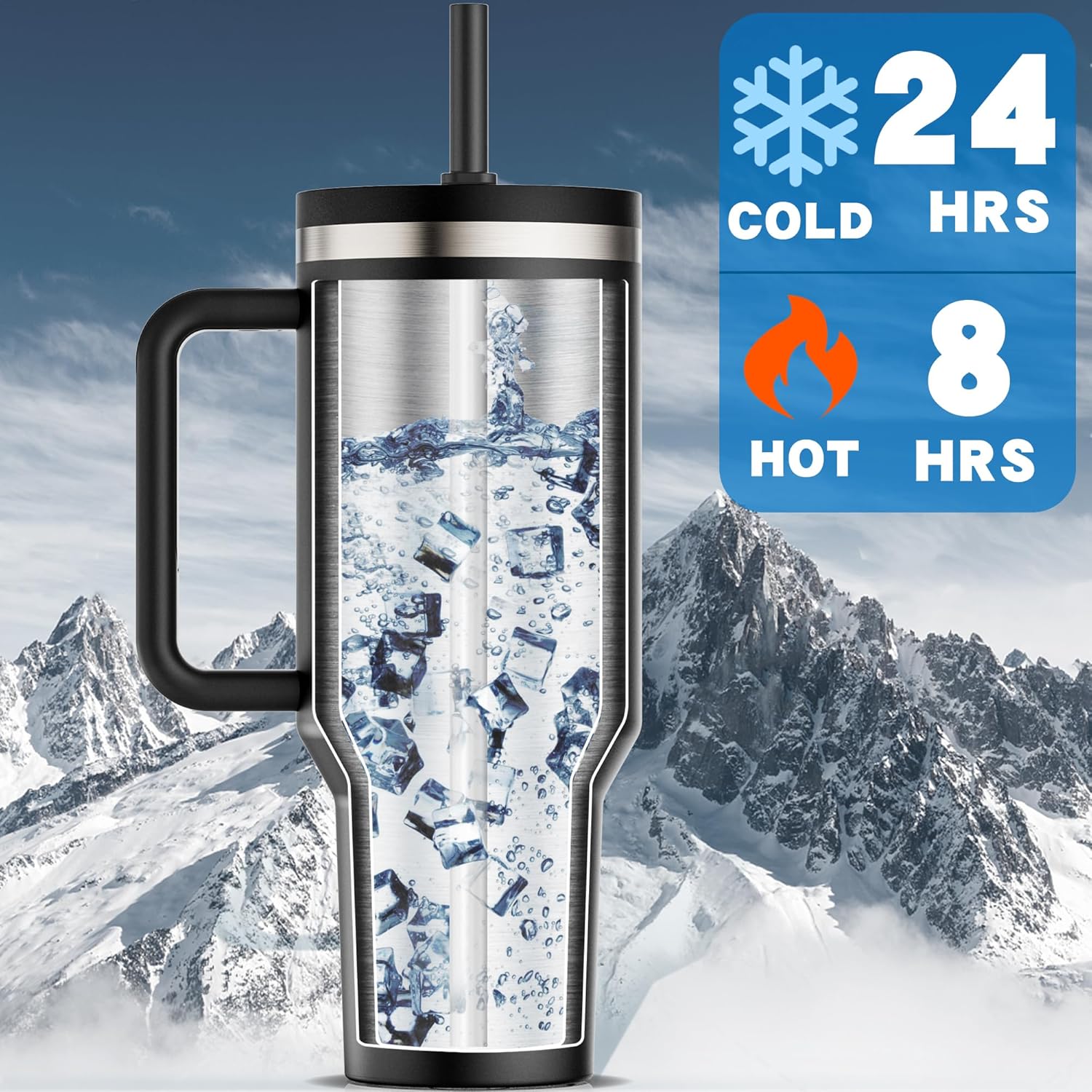 40 oz Tumbler with Handle and Flip Straw Lid - Upgraded Insulated Traveler Tumblers with Lids Straws Vacuum Leak Proof Stainless Steel 40oz Cup Mug Gifts for Men Women Him Her (Black) - Image 2