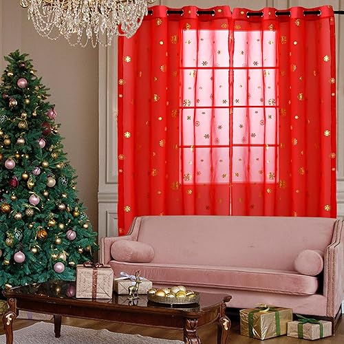 Miniatura 3 de Cortinas traslúcidas de Navidad con copos de nieve, cortinas transparentes de gasa con estampado dorado de lujo, par de tratamiento de bronceado