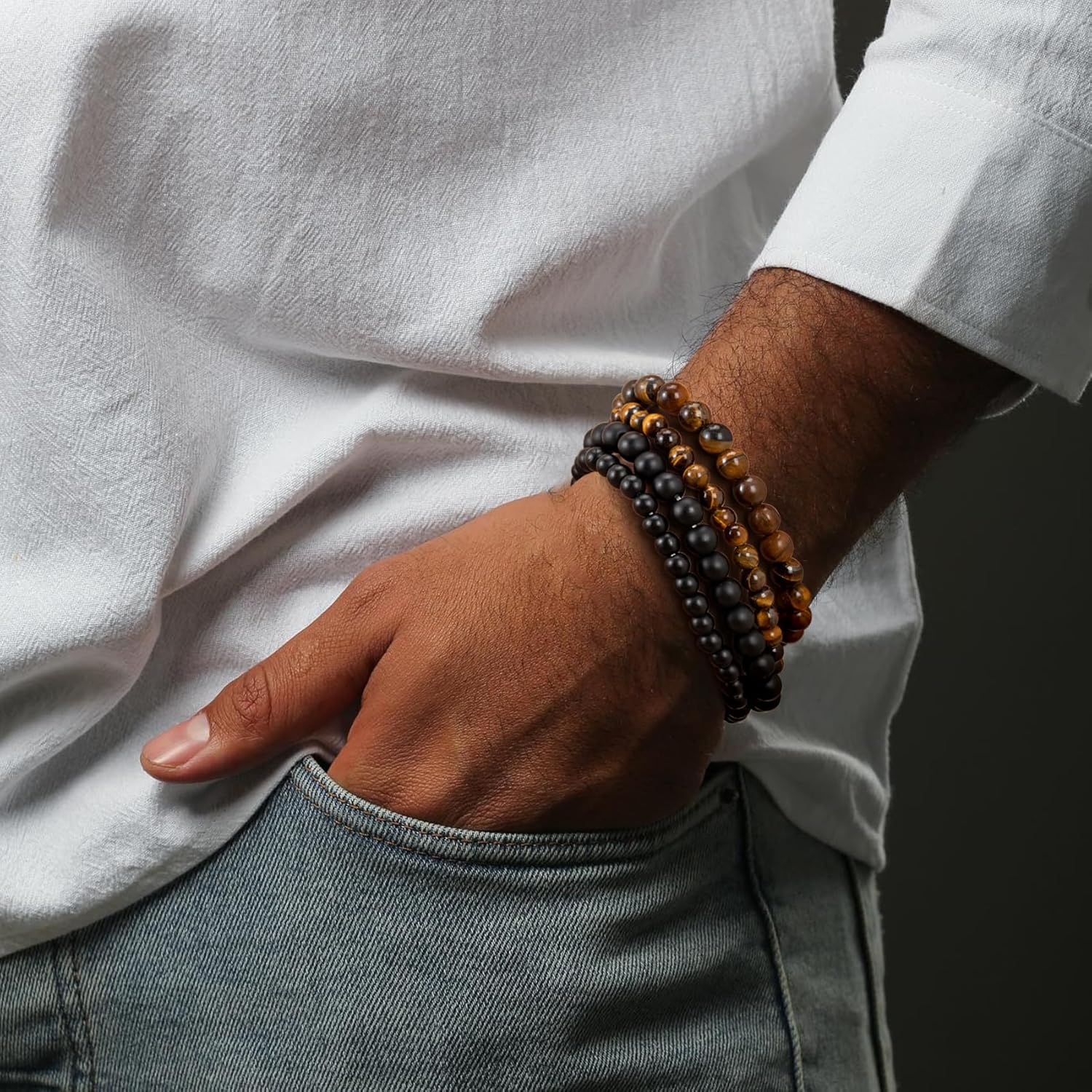 RANKEEF Mens Bead Bracelet Set - Adjustable Elastic Rope With 6&8MM Natural Stone Multi-Colored Beads - Tiger Eye Bracelets for Men - Gift - Image 6