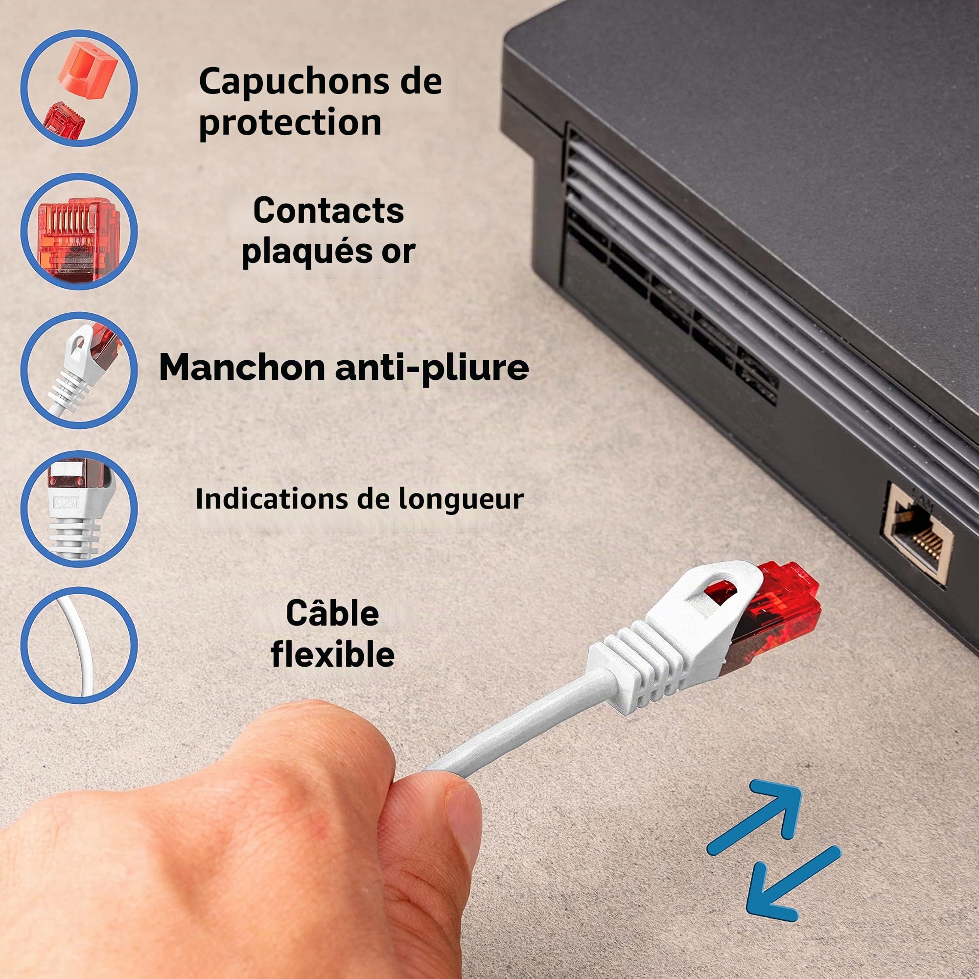 BIGtec Câble Ethernet 50m RJ45 Gigabit LAN Réseau Internet Compatible blanc Compatible Playstation xBox PS5 PS4 Routeur Switch Modem Décodeur TV Box Console de Jeux PC 50 mètres