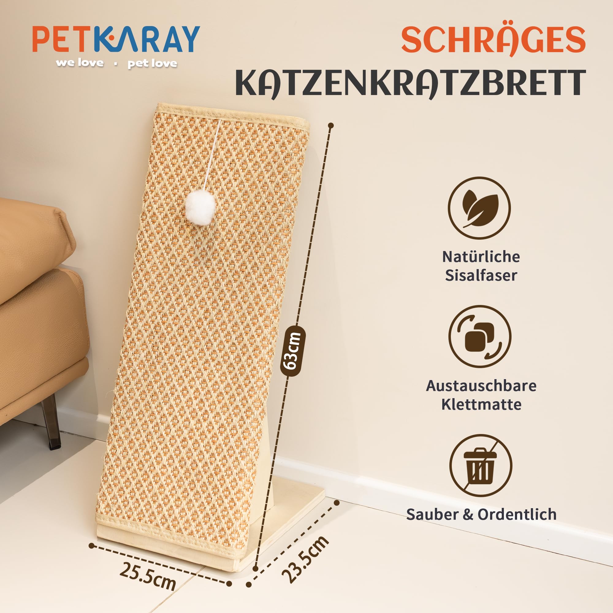 PETKARAY Kratzbrett Katze, 65 cm Kratzsäule aus natürlichem Sisal mit Rampe, stabiles L-förmiges Katzen-Kratzmöbel zum Schutz von Möbeln, Kratzbrett für Wohnungskatzen