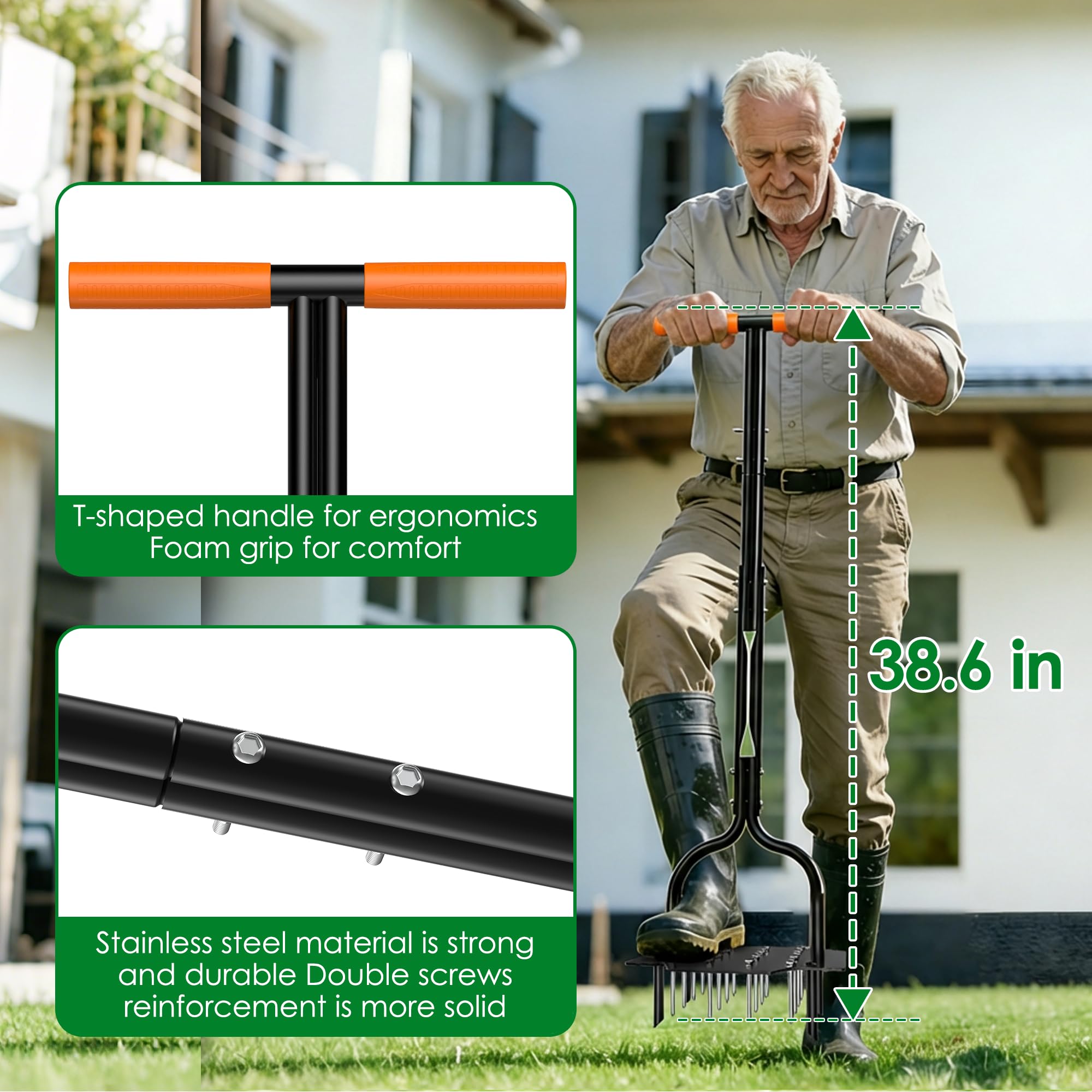 2-in-1 Lawn Aerator, Heavy Duty Manual Core Aerator Lawn Tool with 16 Iron Spikes & 4 Hollow Tines Garden Tools for Yard Grass Soil - 3