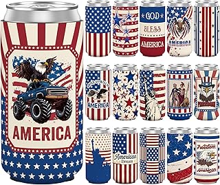 250 Anniversary USA Slim Can Cooler Sleeves, 16 Pack American USA Flag Neoprene Drink Holder, Patriotic 4th of July Accessories for 250th Anniversary Party Favors Outdoor Indoor Decoration