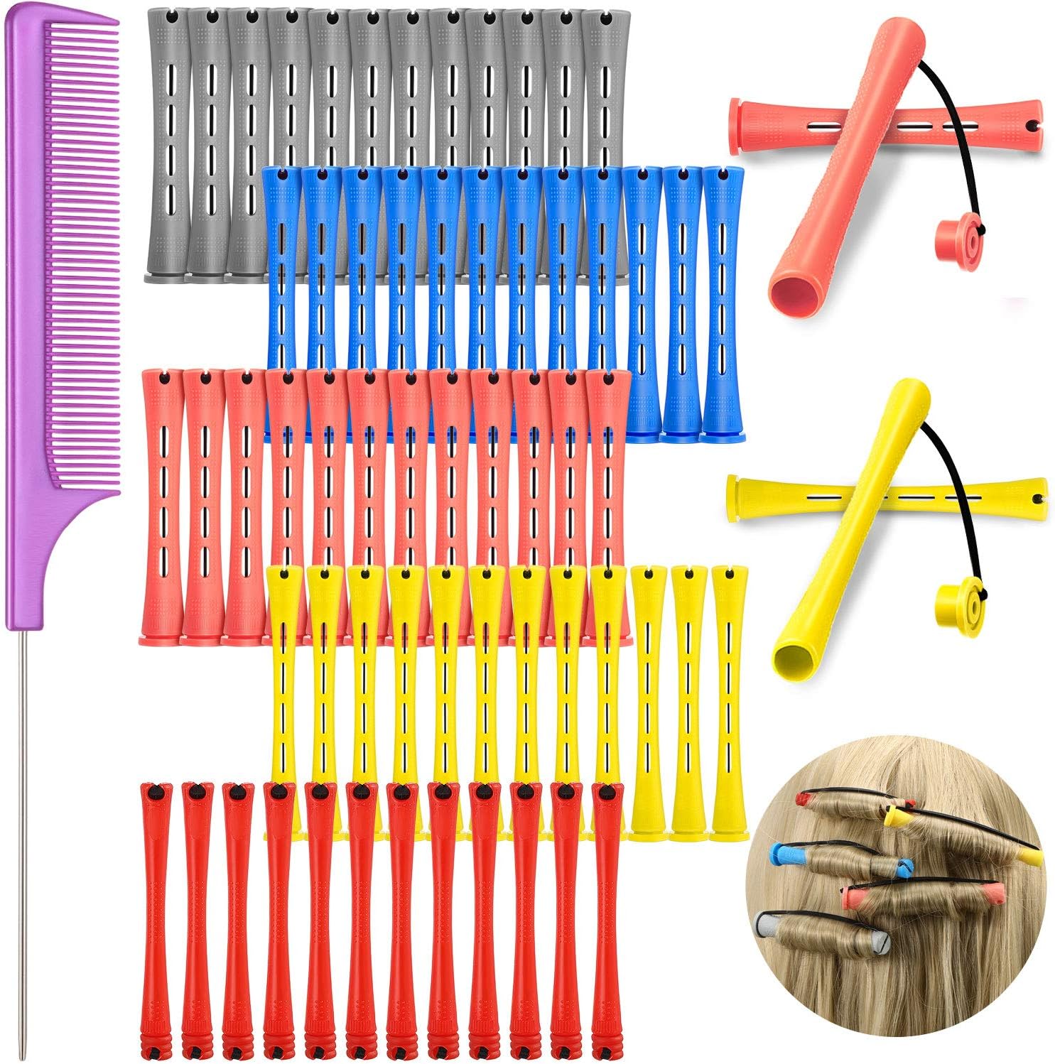 WILLBOND 60 Pieces Hair Perm Rods Set Plastic Cold Wave Perming Rods for Natural Hair Long Short Curling Rollers with Rat Tail Comb for Hairdressing(Bright Color,Assorted Size)