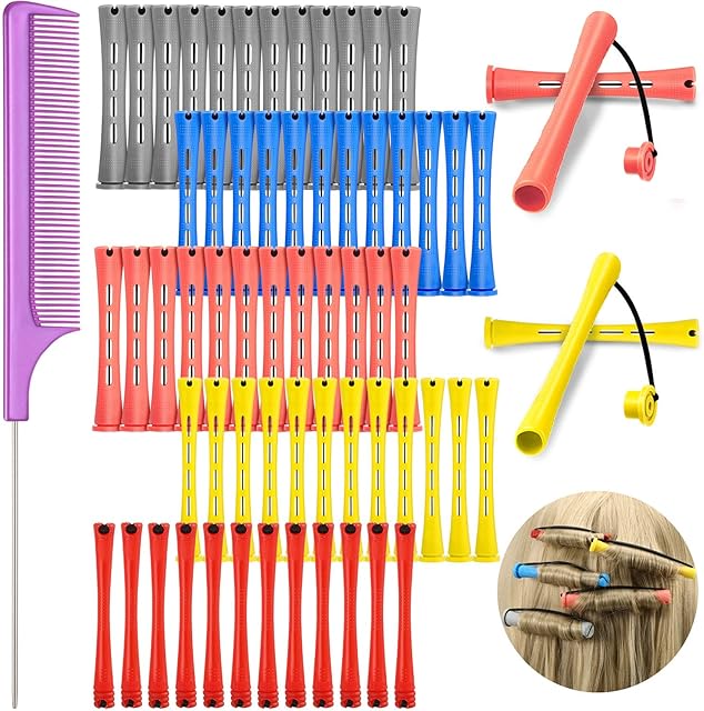 60 Pieces Hair Perm Rods Set Plastic Perming Rods Cold Wave Rods 5 Sizes Hair Curling Rollers with Rat Tail Hair Comb Stainless Steel Pintail Comb for Women Girls Hairdressing Styling