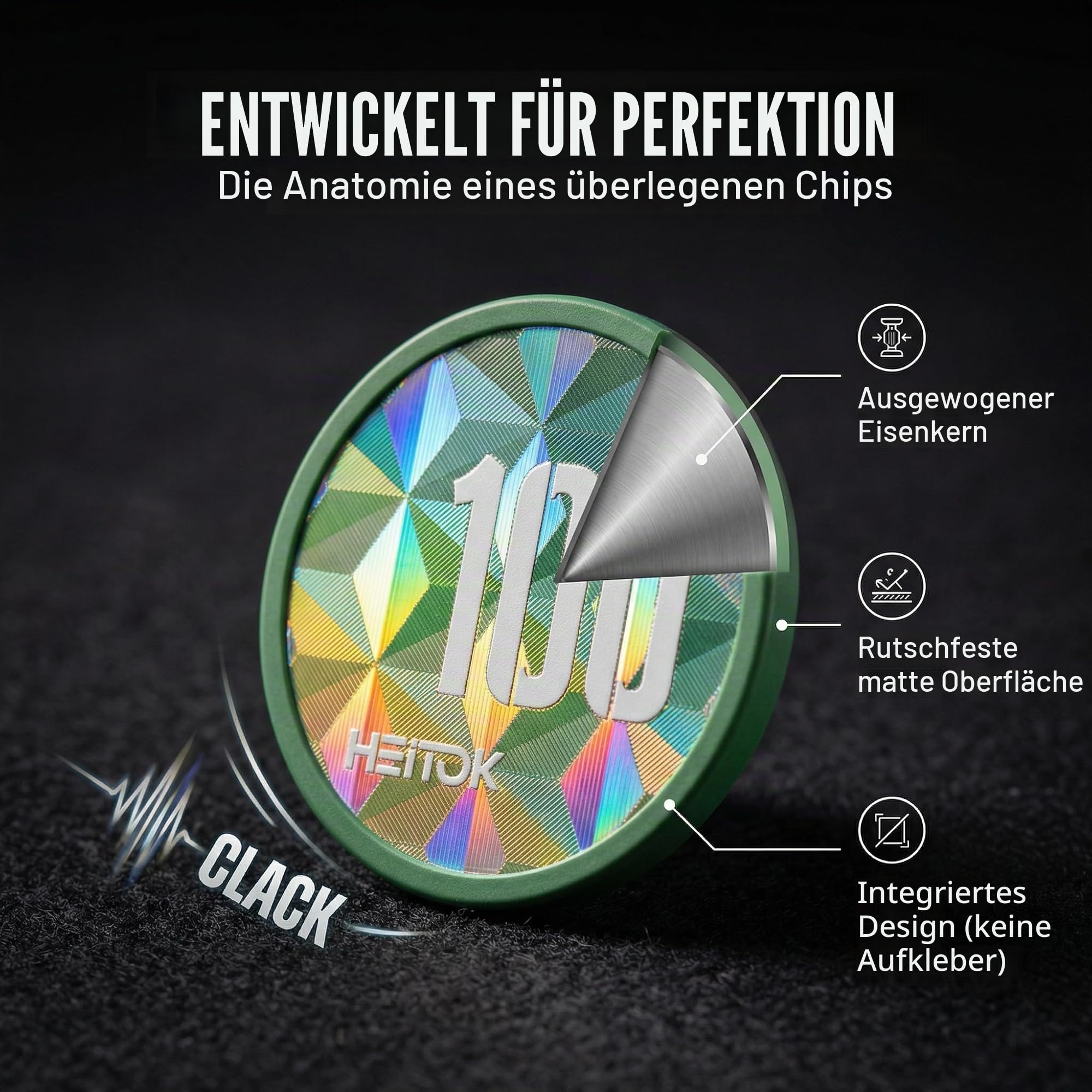 HEITOK Poker Set 1000 Chips – 11,5g ABS Pokerchips mit Werten – Robustes Set für Texas Hold'em & Casino Abende (Ohne Würfel) | 2-20 Spieler, gut lesbare Werte 1/5/25/50/100/500/1000, Diamantdesign, Karten, Würfel, Dealer Button, Blackjack