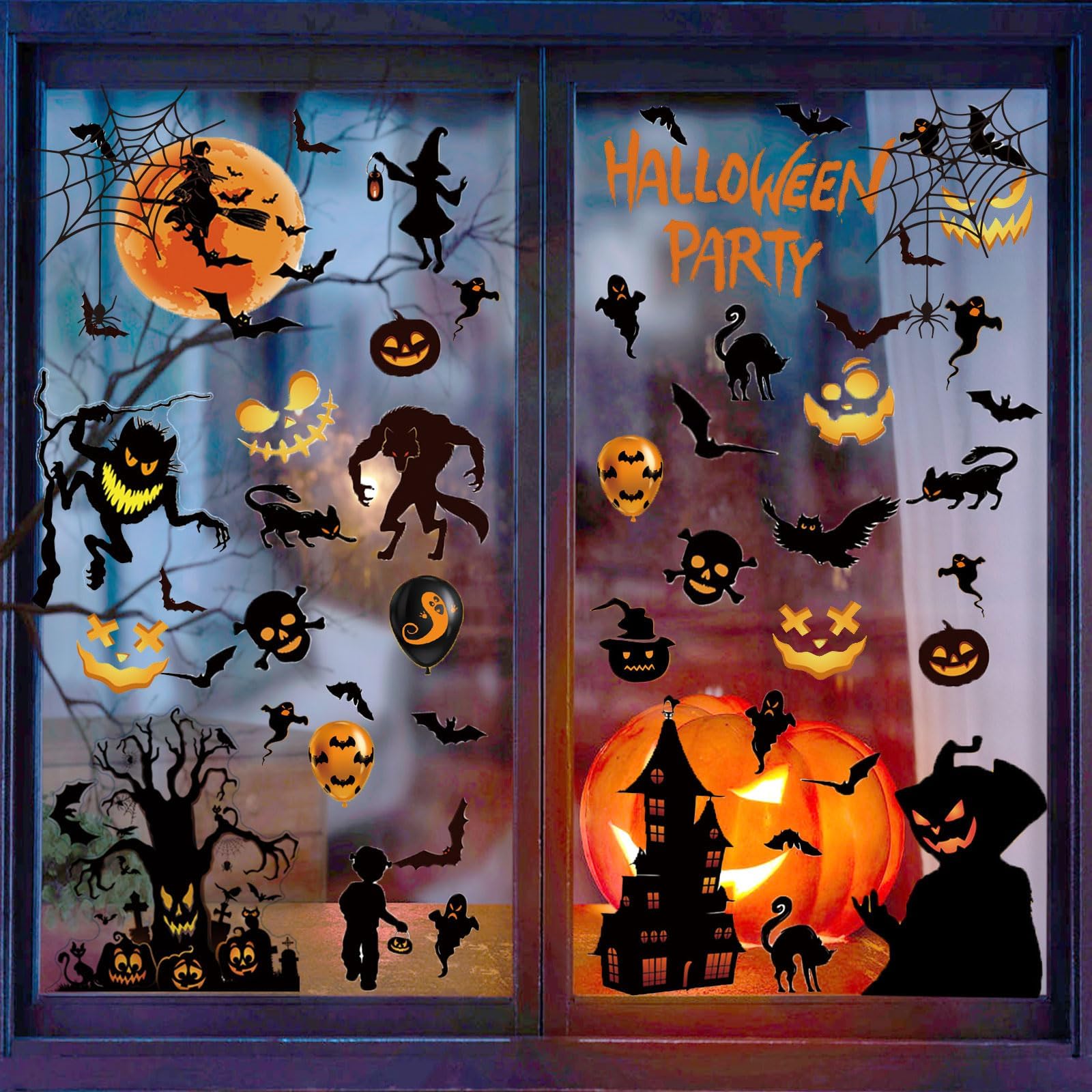ALEGRE Adesivi Finestra Halloween - 6 Fogli (22 Pezzi) Con Pipistrelli, Gatti Neri E Ragnatele - PVC Elettrostatico Riutilizzabile