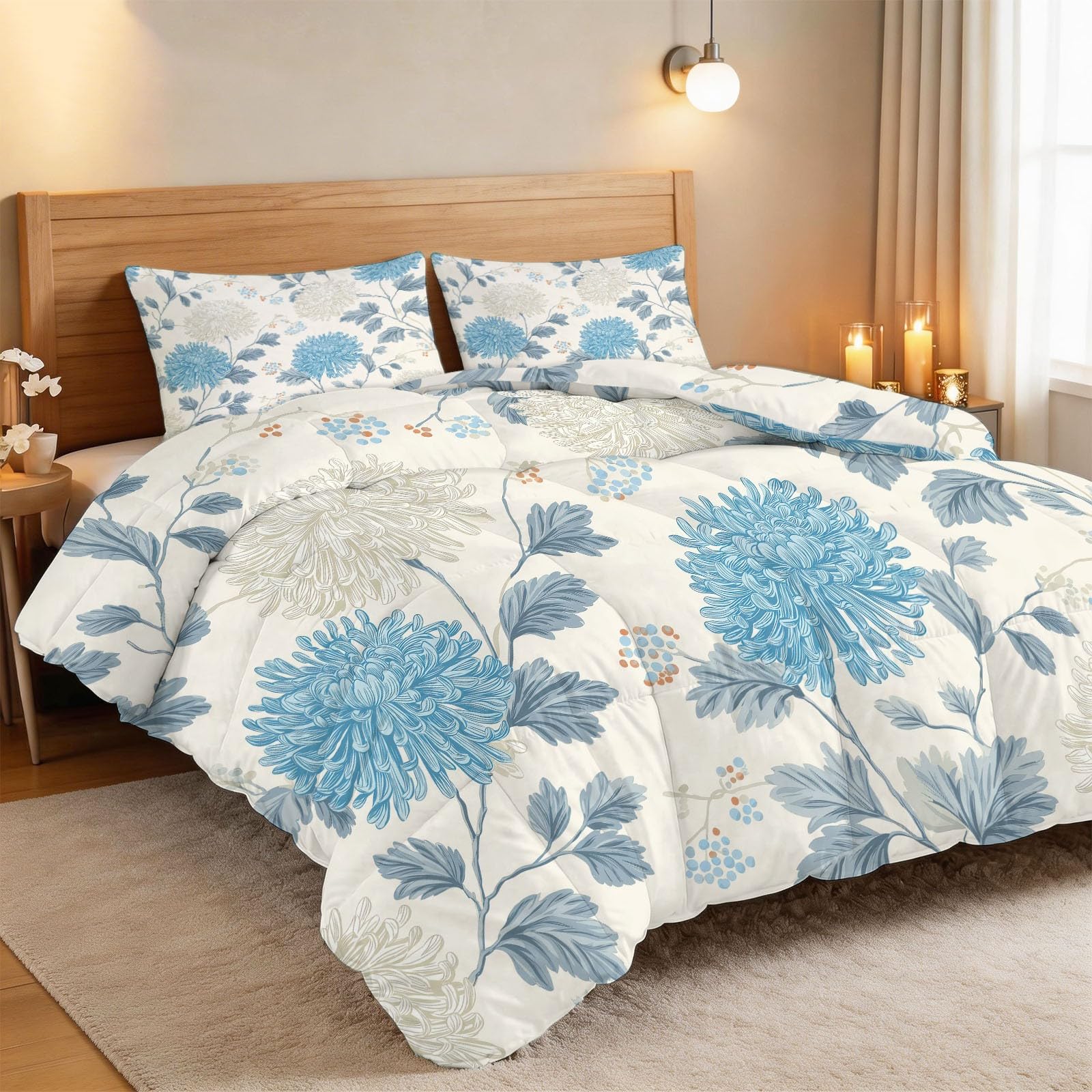 Piumone Invernale Matrimoniale 220 x 240 cm Motivo A Crisantemi Foresta Disegnato A Mano Trapunta in Ecopiuma 400 gr/mq, Caldo ed Elegante – Biancheria da Letto Anallergica e Traspirante, Crema