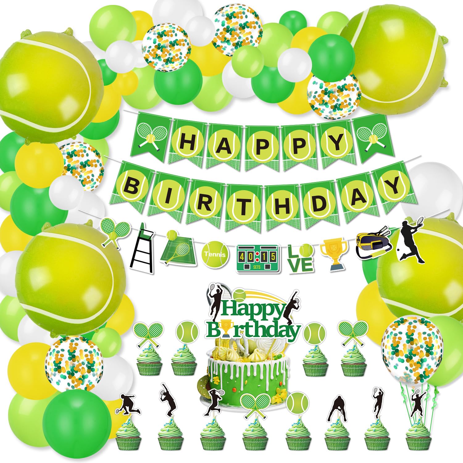 Tennis Party Decorations, Includes Tennis Happy Birthday Banner, Tennis Balloons, Cupcake Toppers for Men Women Kids Sports Theme Birthday Party Tennis Ball Party Supplies