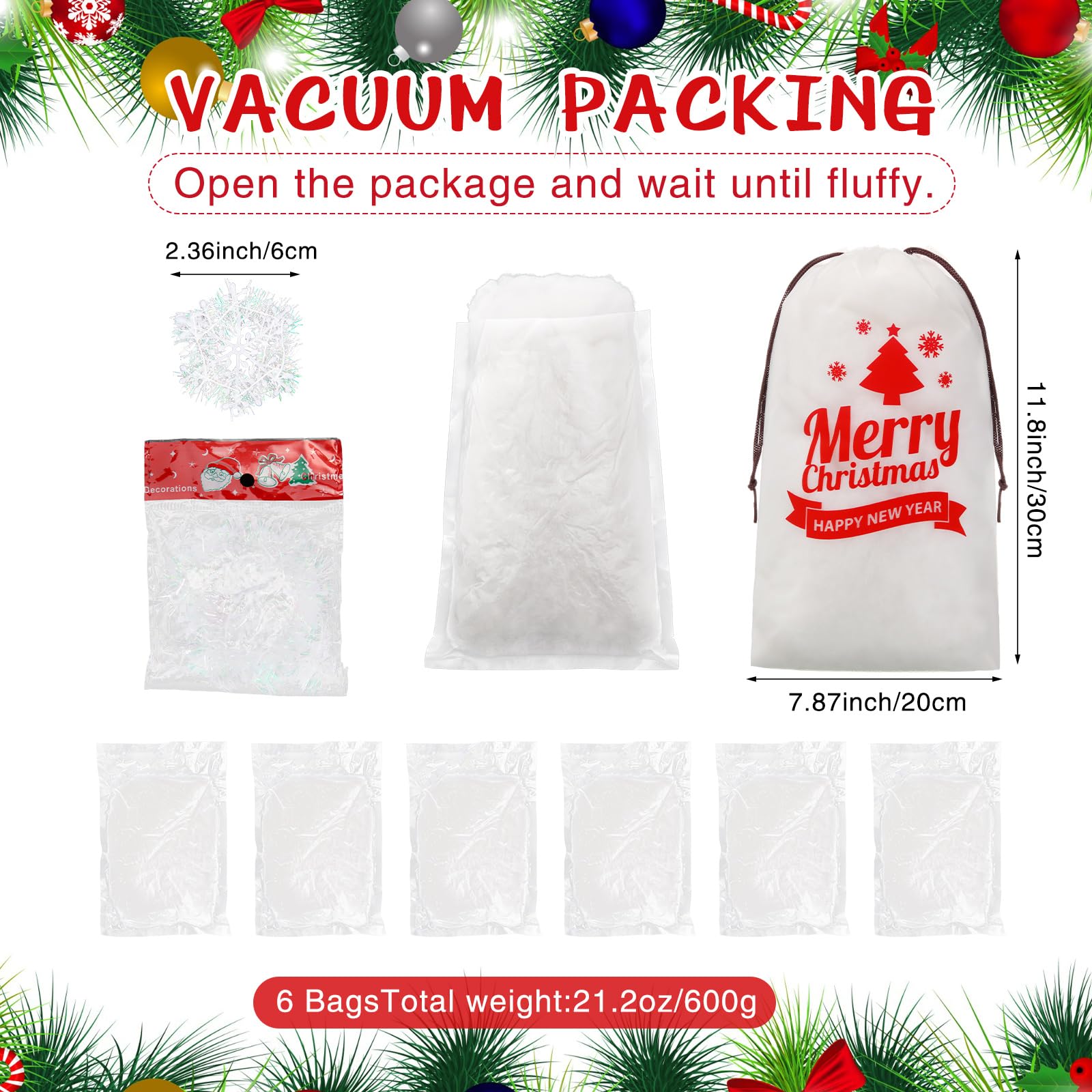 Shappy 600g/21.1oz Winter Fake Snow Decoration with 36 Small Snowflake Decoration Xmas Cotton Cloud Artificial Faux Snow with Bag Indoor Blanket for Xmas Winter Village Home