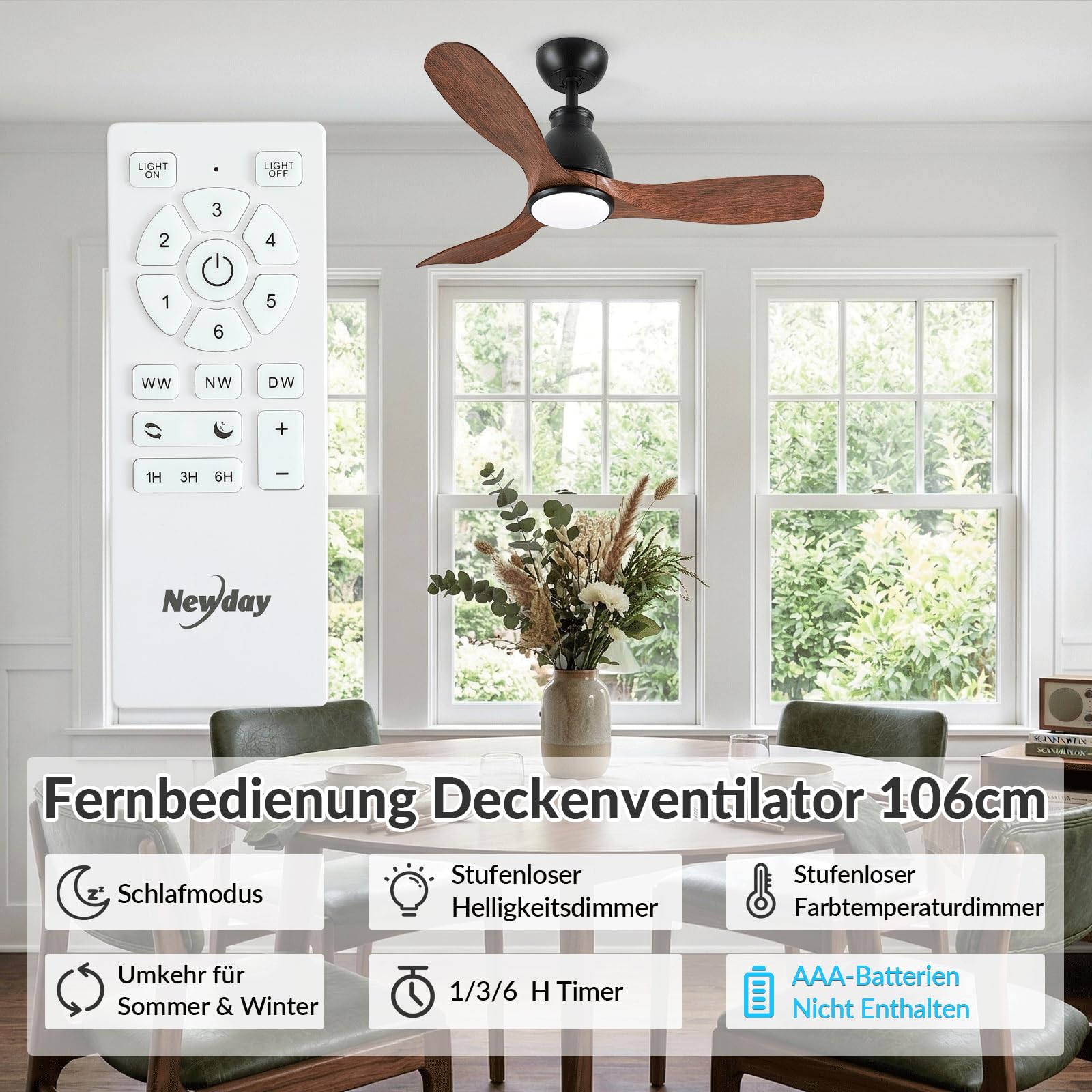 Newday Deckenventilator Holzfarbe mit Licht, 106cm Deckenventilatoren mit Fernbedienung Leise, Ventilator Lampe Decke mit Stufenloser Dimmer, 7 Geschwindigkeiten-Modus, Speicherfunktion, 3 Flügel