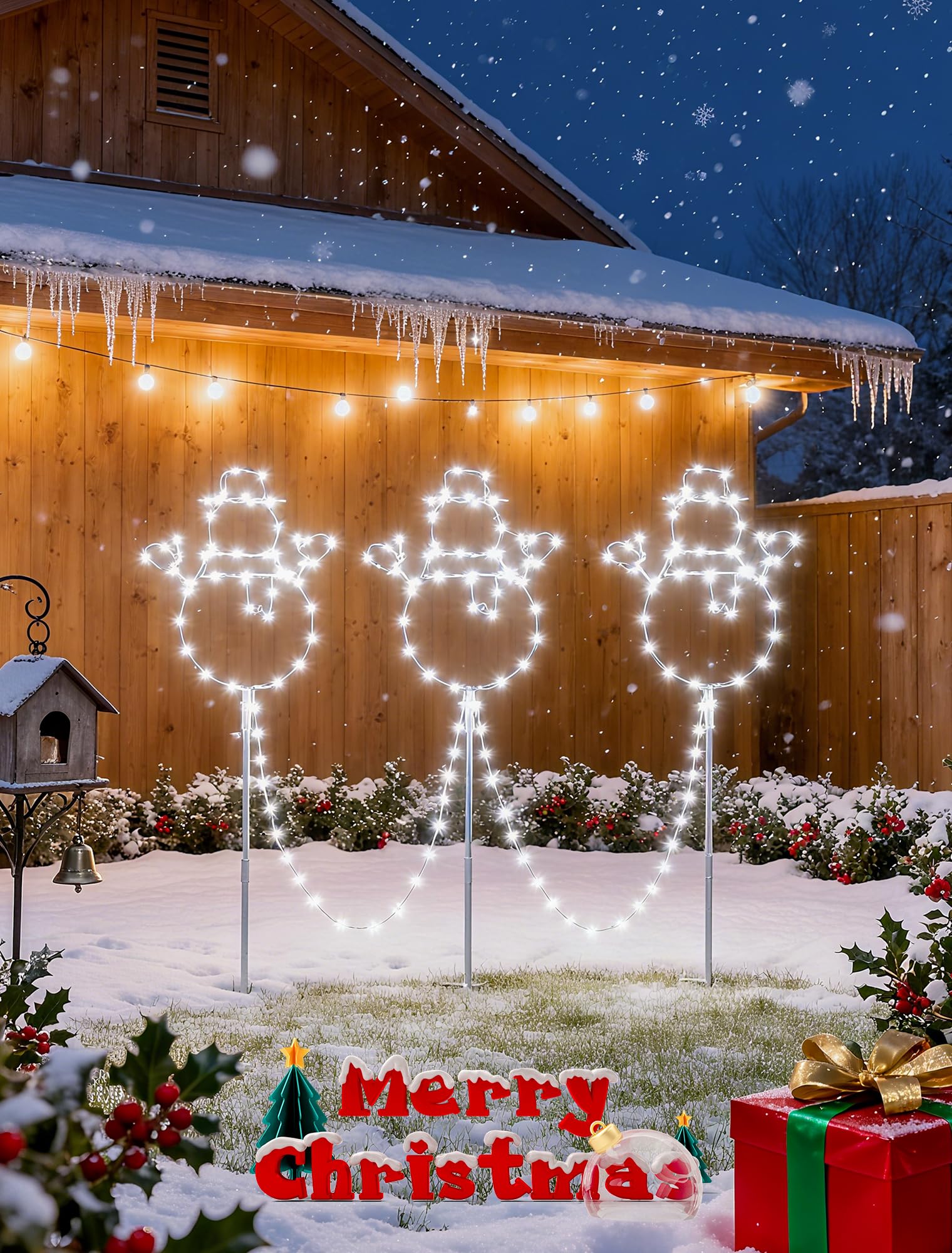 woohaha Guirnalda de luces LED blancas para jardín, diseño de muñeco de nieve de Navidad, impermeable, para Navidad, invierno, césped, patio, decoración de patio (paquete de 3)