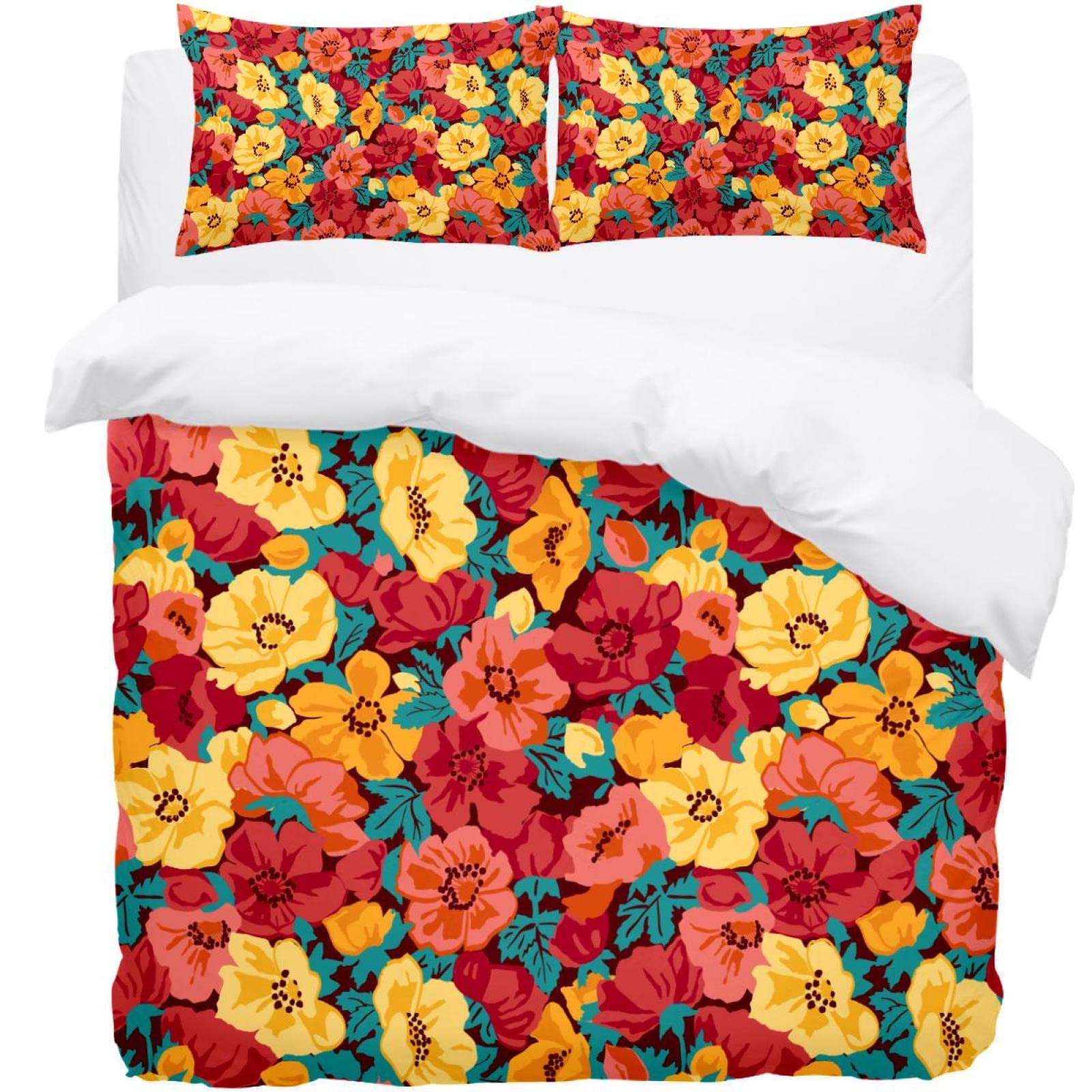 Parure de lit motif floral jaune et rose avec housse de couette 3 pièces