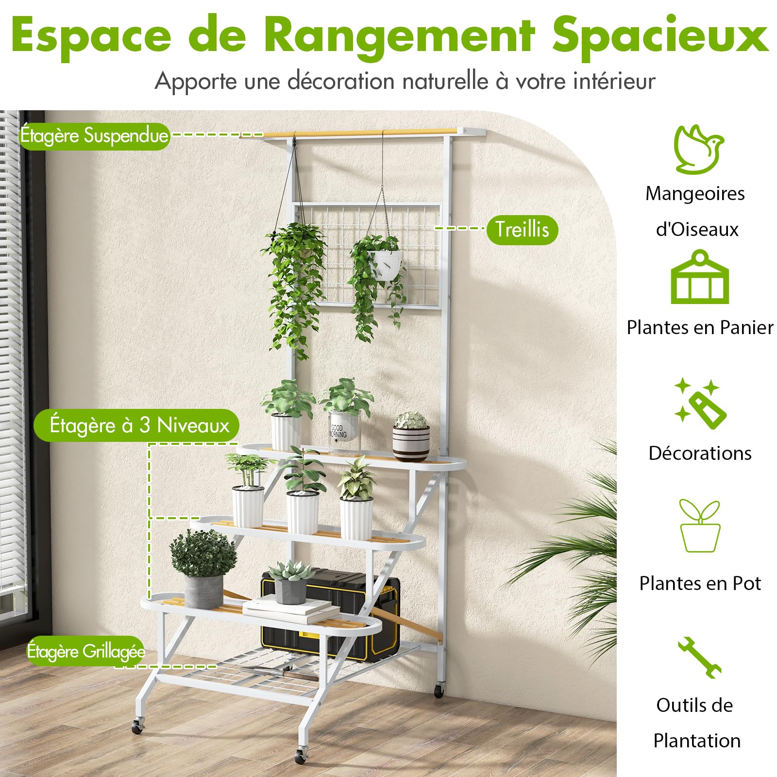Support Plantes Avec Lumière De Croissance - 10 Étagères + 3 Crochets - 160 Cm - Cadre Métal Industriel