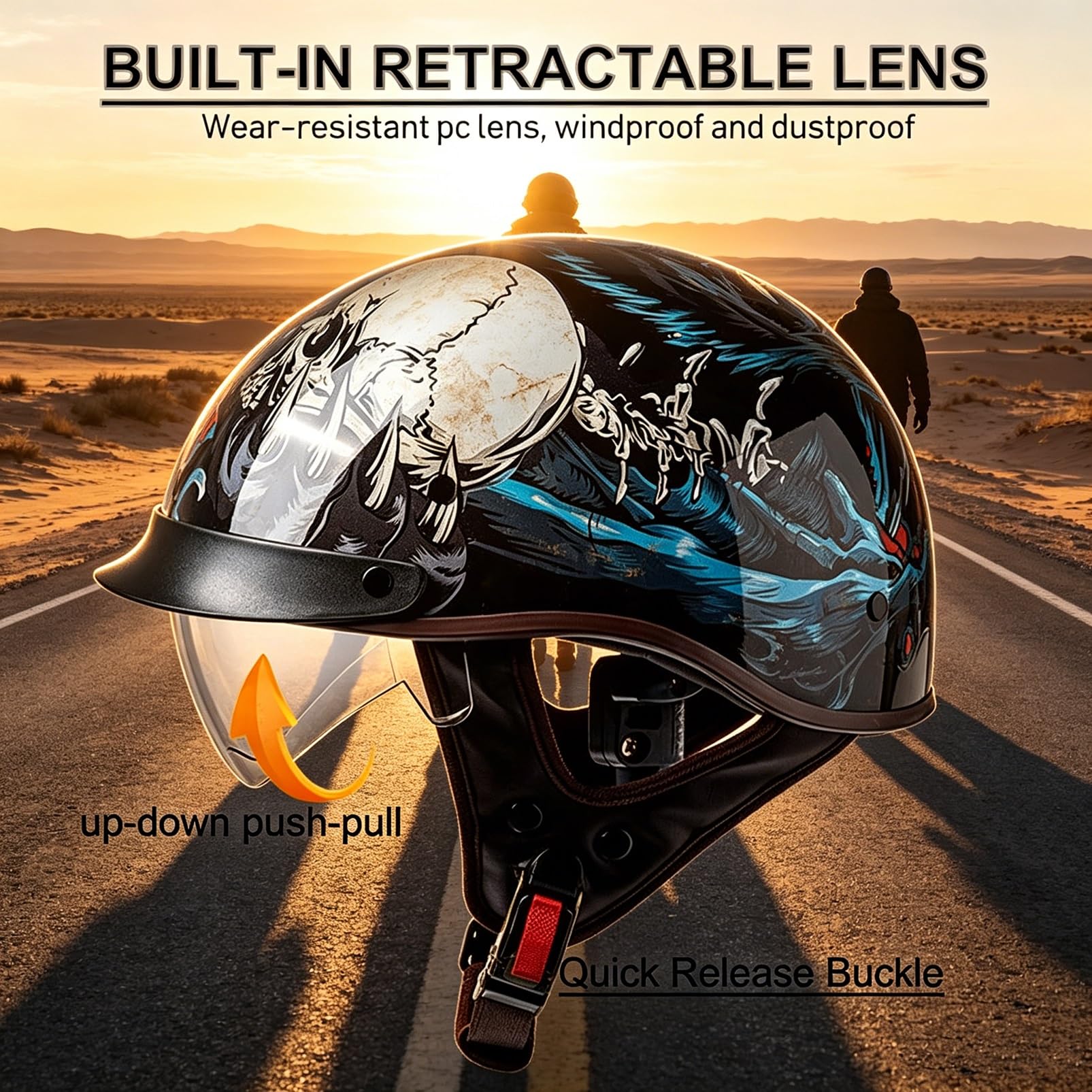 Kask Motocyklowy Orzeszek Chopper Classic, Retro Rockabilly Style ECE R22.06 z Blendą Słoneczną, Gogle i Maska w Zestawie(C,XL(61~62cm))