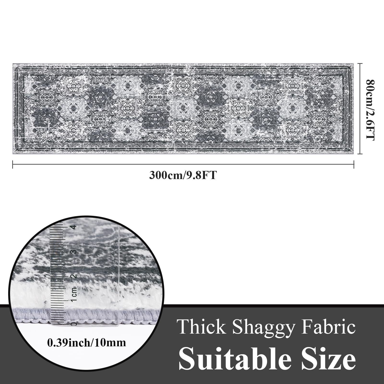 Enyhom Teppich Läufer 80 x 300cm Boho rutschfest Langer Vintage Boho Teppich Küche Hochwertig Läufer Flur Waschbar Flauschig Weich Läufer für Eingang Wohnzimmer, Dunkelgrau
