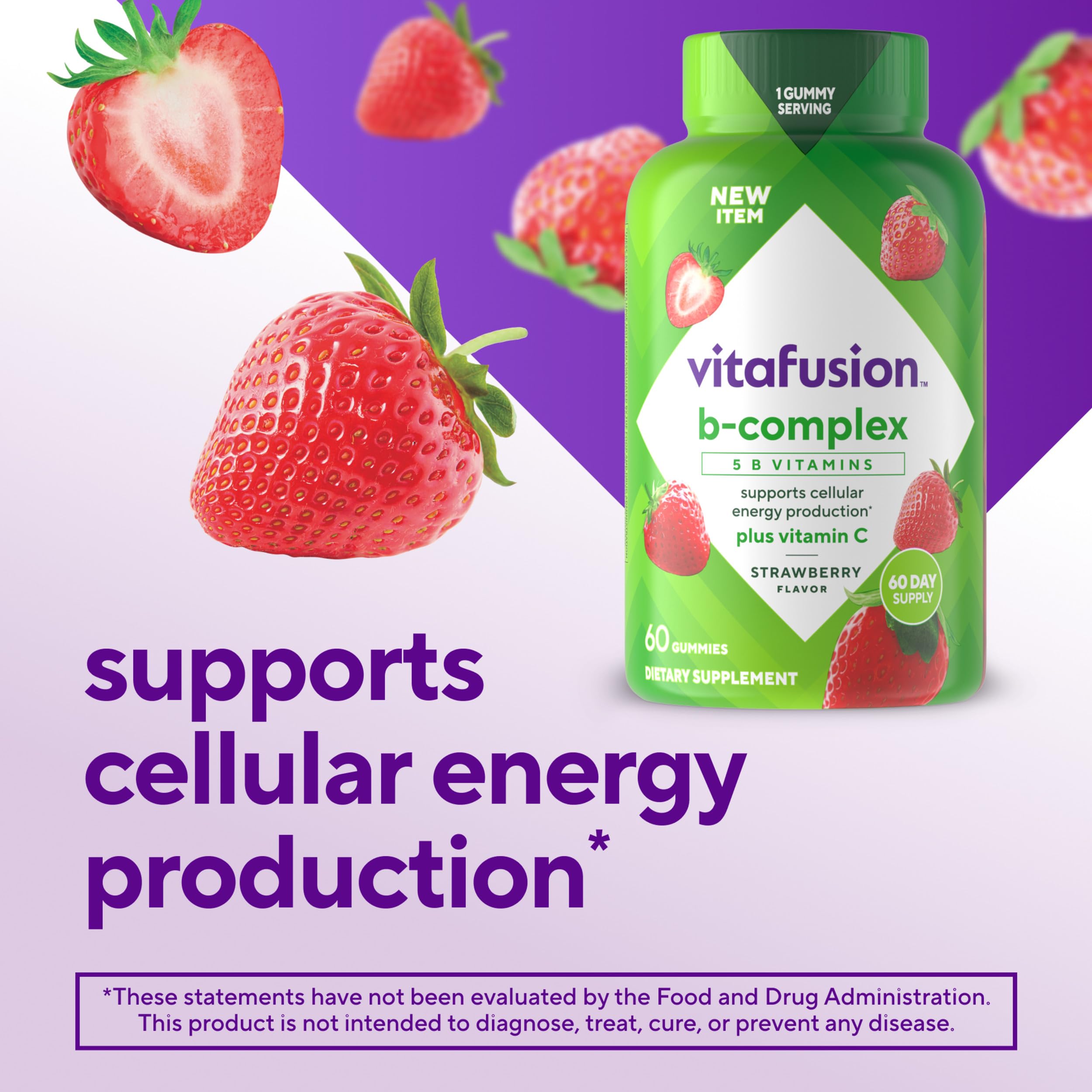 Vitafusion B-Complex Gummy Dietary Supplements, with 5 B Vitamins to Support Cellular Energy Production (1), Plus Vitamin C, Strawberry Flavor, 60 Count