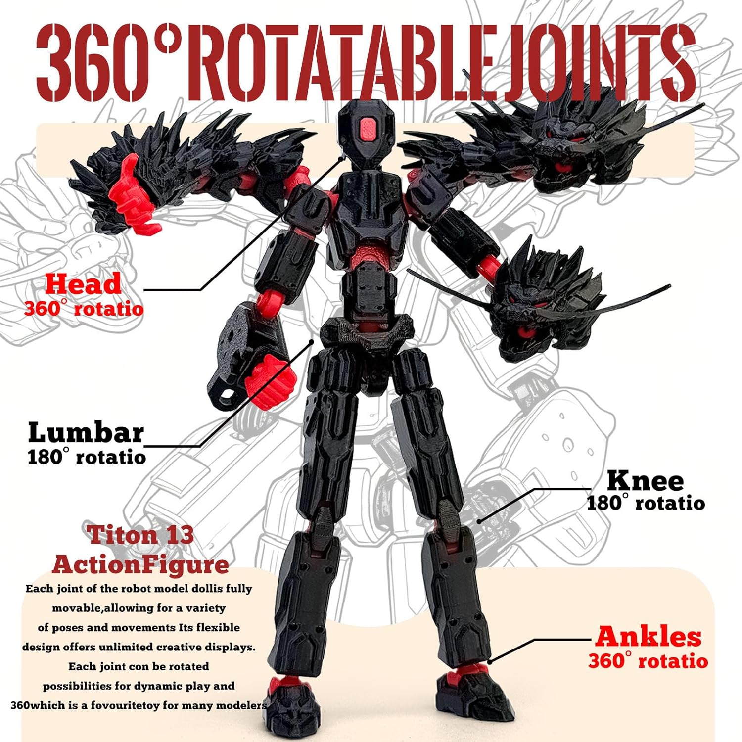 8inch T13 Assembly Completed Action Figure Set,T13 Multi-Jointed Movable There is a 3D Printed Dragon on his Body,for Collectors Desktop Decorations t-13 Movability 3D Printed Toys (Black red)