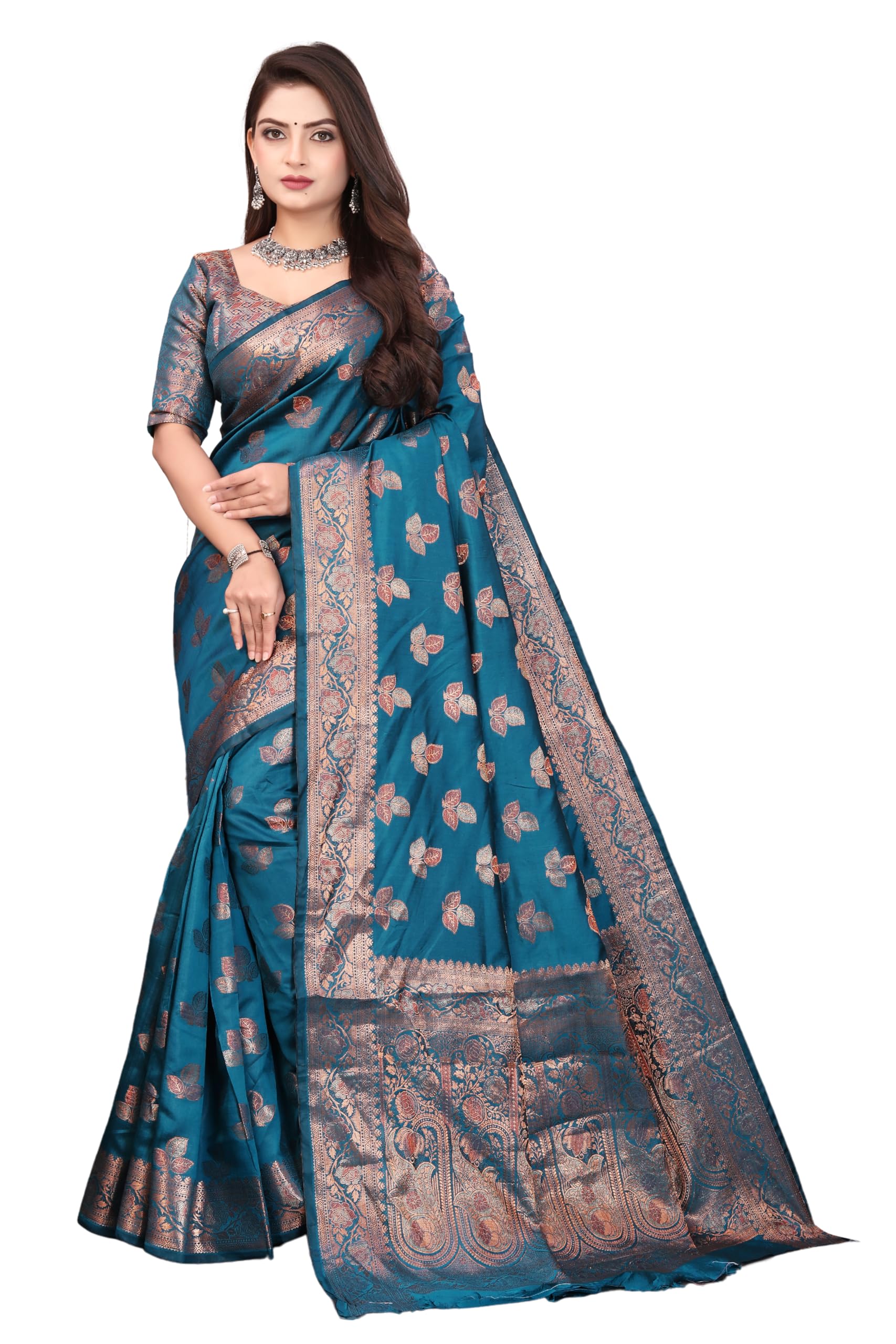 Banarasi Silk Saree with Golden Zari Border, Blue Color, Litchi Silk Fabric with Blouse-image-17