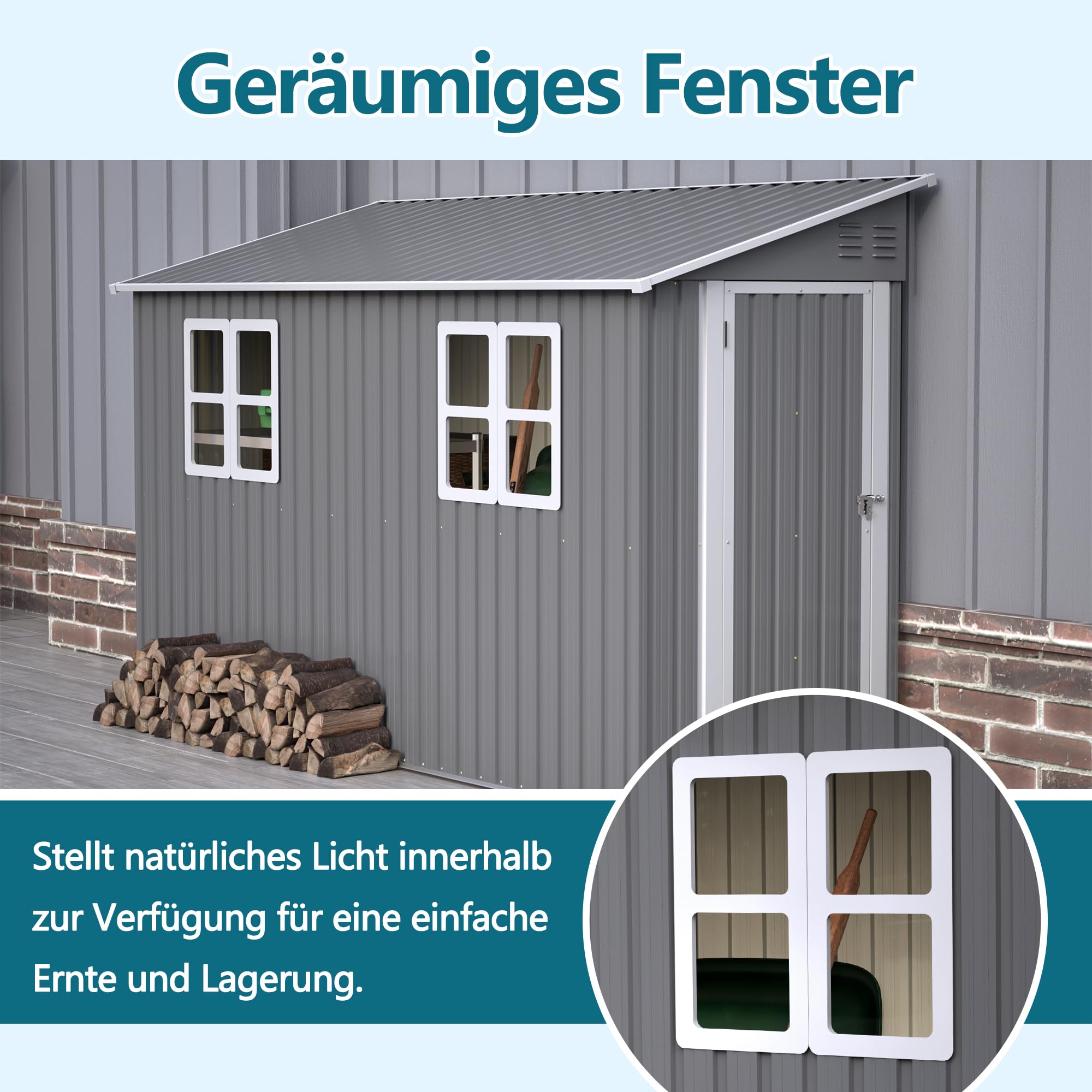 4x10 FT Casa in metallo per attrezzi con tetto a due spioventi e design a tetto spiovente con doppia porta che si apre a sinistra/destra e 2 finestre, capanno per attrezzi stabile e resistente agli