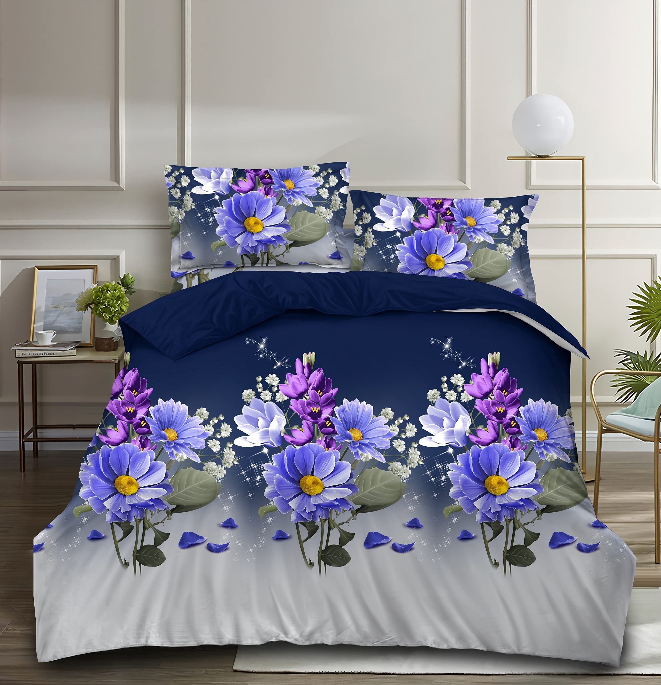 Parure de lit complete 4 pieces bleu violet avec housse de couette fleurie 3D