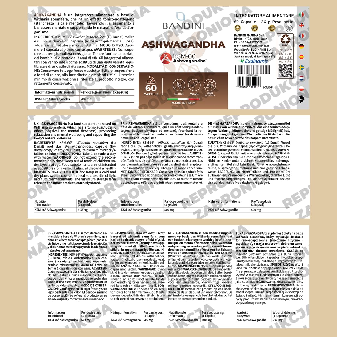 Bandini® Ashwagandha KSM-66® 100% wegańska (60 kapsułek) - Withania Somnifera, 5% witanolidów, Suplement w proszku żeń-szeń indyjski - najwyższej jakości czysty KSM-66, ajurwedyjski środek na stres