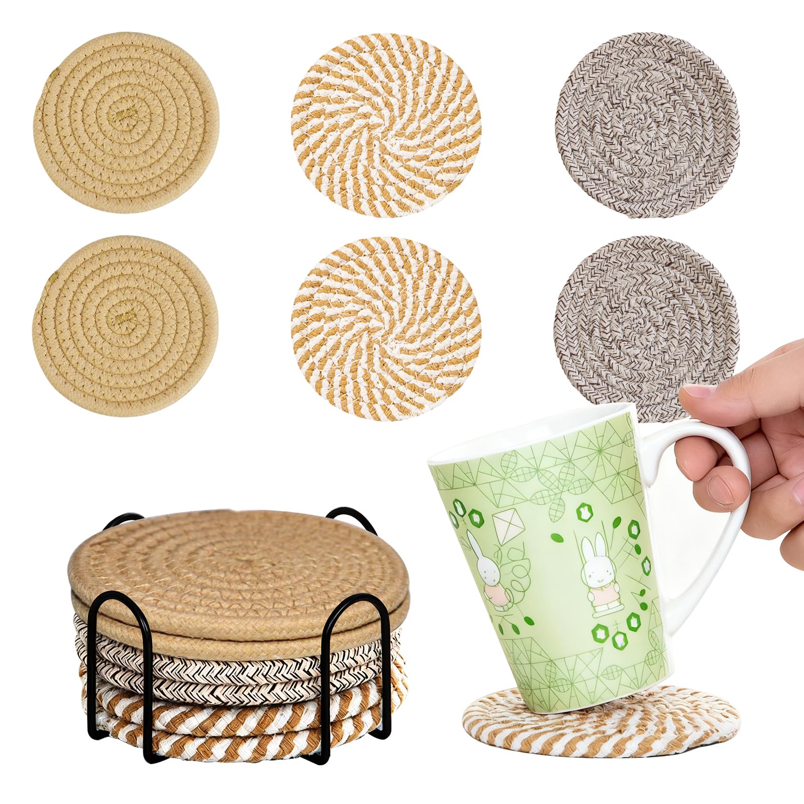 6/8 Pcs Vintage Round Woven Coasters，Absorbent & Heat-Resistant for Home Coffee Table Desk Cups Tabletop Protection，Boho Decor for Living Room, Birthday Gifts for Women