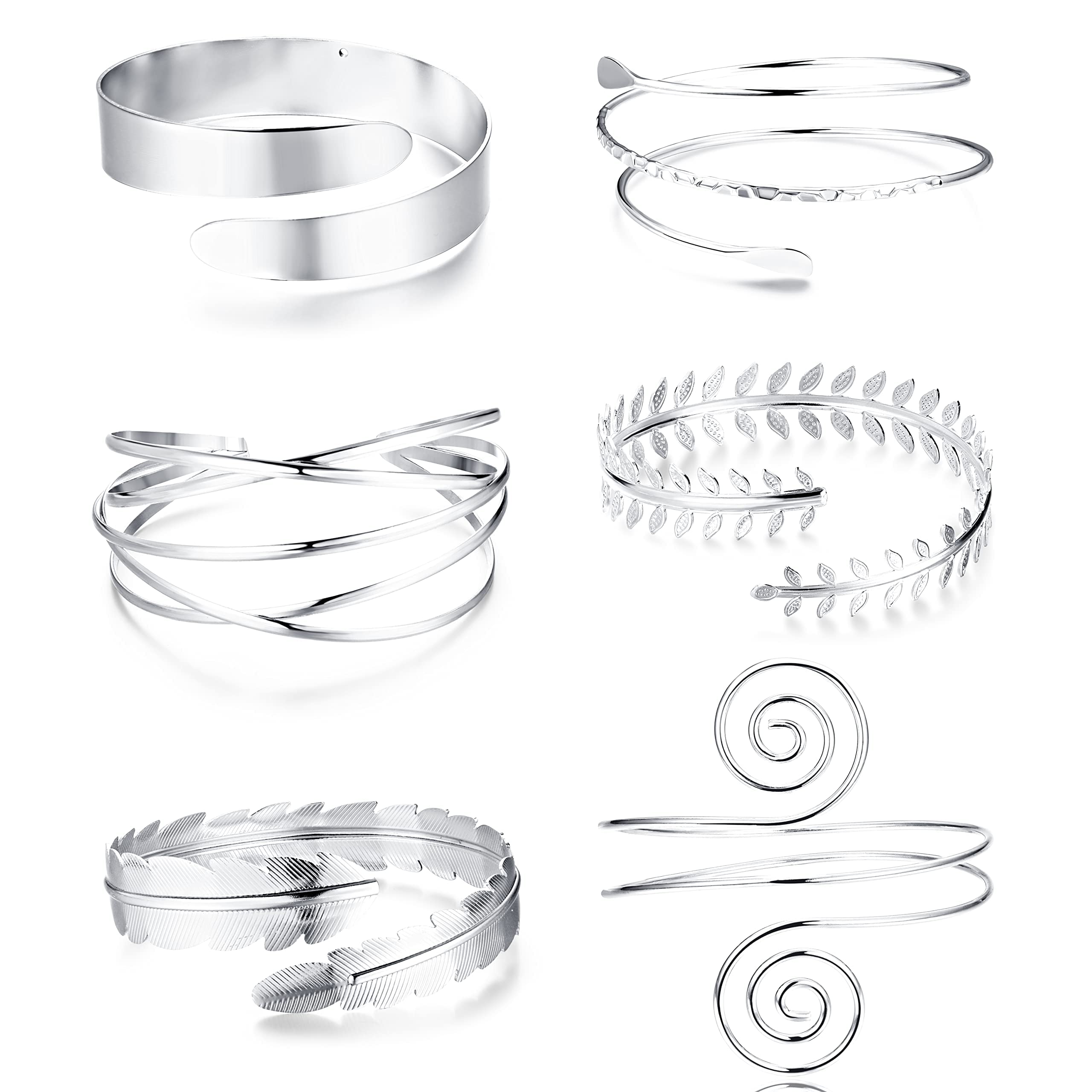 Diamday Juego de 6 brazaletes ajustables para la parte superior del brazo para mujer, plata y oro, minimalista, simple, griego, joyería de moda para boda, 3.2 inch, Metal